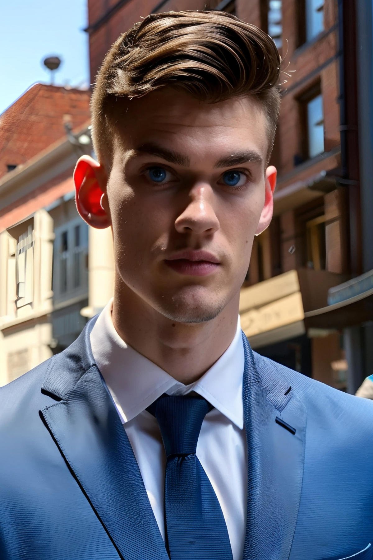 <lora:468C31858D:0.9> Jeorg (1boy) a photorealistic candid close up portrait shot, fancy black suit, (handsome fit 20 year old twunk), muscular fit build, skinny waist, blue eyes, clean shaven, smooth everywhere, out for a walk in the city, RAW photo, detailed photo, gorgeous, shallow depth of field, bokeh, vibrant saturated color, volumetric lighting, iridescent skin, (surreal:0.4), hyper detailed photorealistic life-like accurate proportional 8k sharp focus, (accurate cinematic lighting), photorealistic detail, (selective focus:0.6)