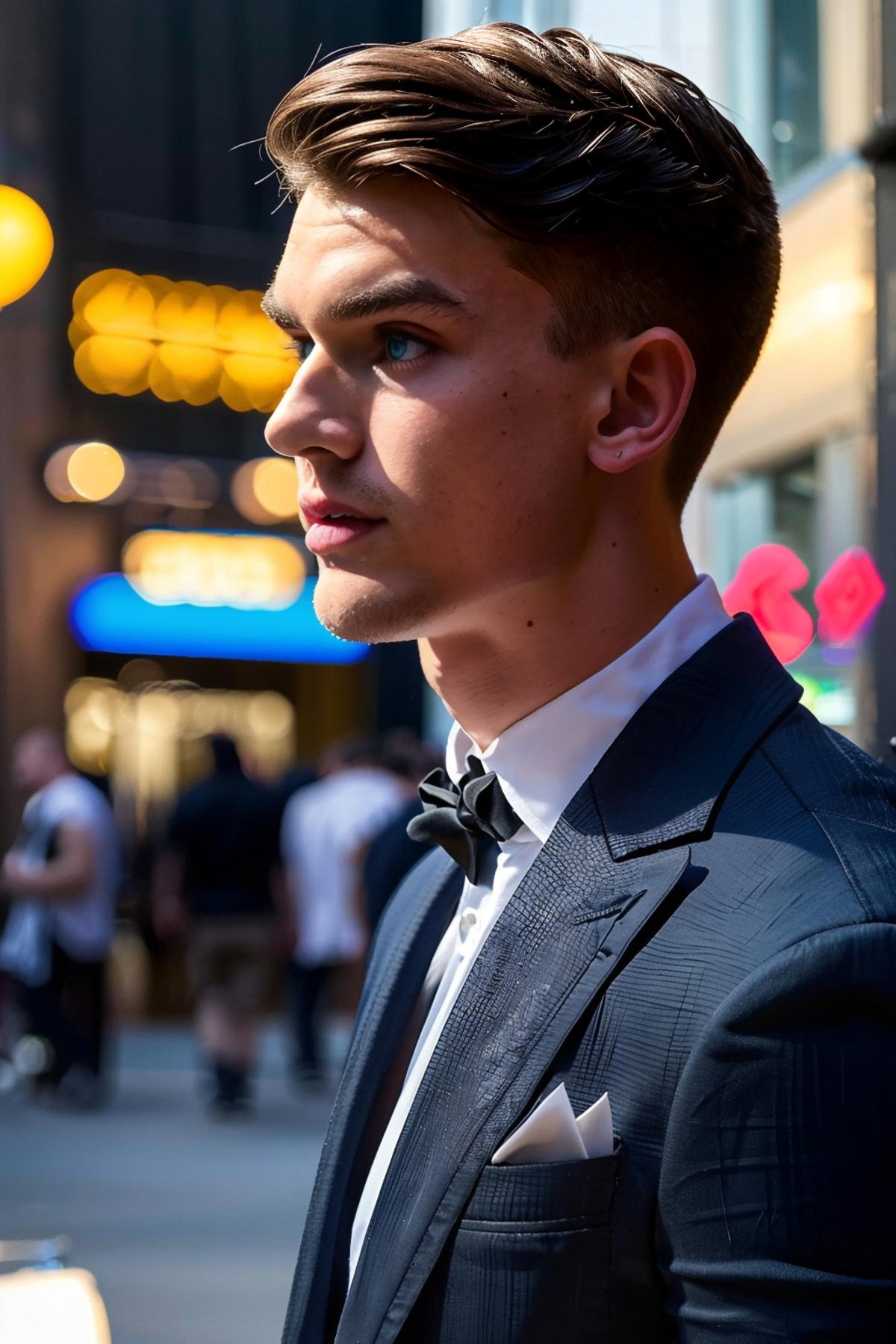 <lora:468C31858D:0.9> Jeorg (1boy) a photorealistic candid close up portrait shot, fancy black suit, (handsome fit 20 year old twunk), muscular fit build, skinny waist, blue eyes, clean shaven, smooth everywhere, out for a walk in the city, RAW photo, detailed photo, gorgeous, shallow depth of field, bokeh, vibrant saturated color, volumetric lighting, iridescent skin, (surreal:0.4), hyper detailed photorealistic life-like accurate proportional 8k sharp focus, (accurate cinematic lighting), photorealistic detail, (selective focus:0.6)