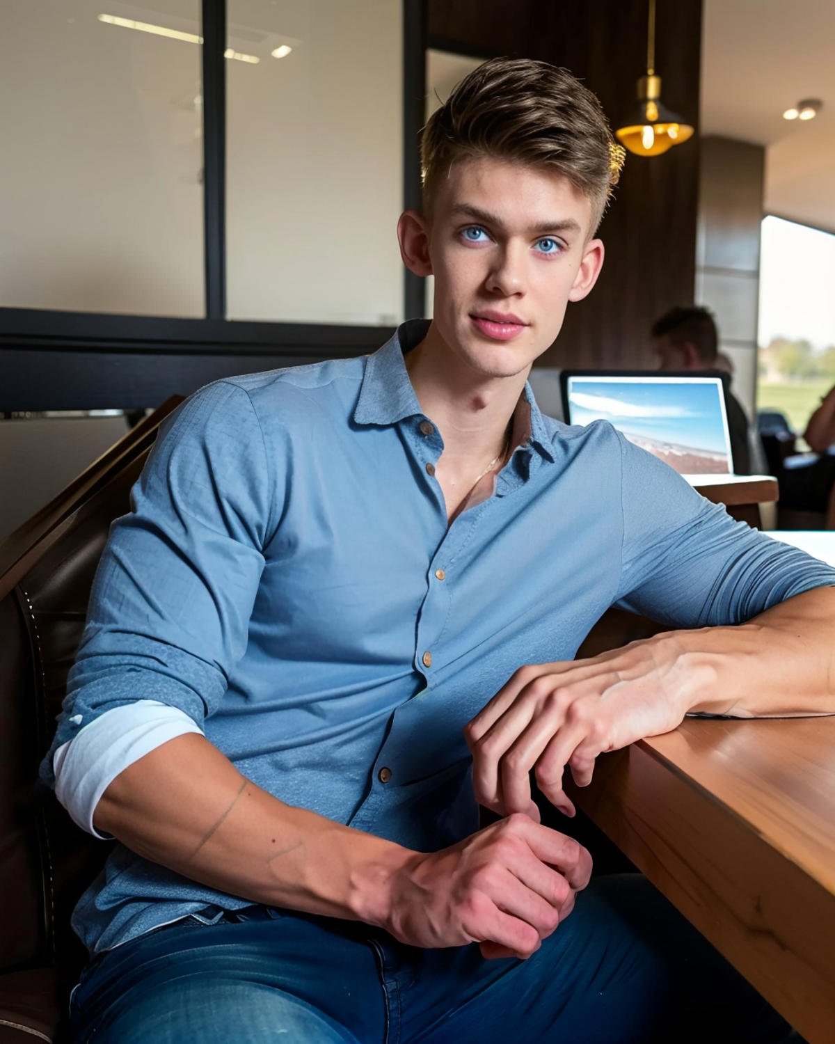 <lora:468C31858D:0.9> Jeorg (1boy) a photorealistic candid still, sitting at a cafe, jeans and button down shirt, (fit 20 year old twunk), muscular fit build, skinny waist, blue eyes, clean shaven, smooth everywhere, RAW photo, detailed photo, gorgeous, shallow depth of field, bokeh, vibrant saturated color, volumetric lighting, iridescent skin, (surreal:0.4), hyper detailed photorealistic life-like accurate proportional 8k sharp focus, (accurate cinematic lighting), photorealistic detail, (selective focus:0.6)