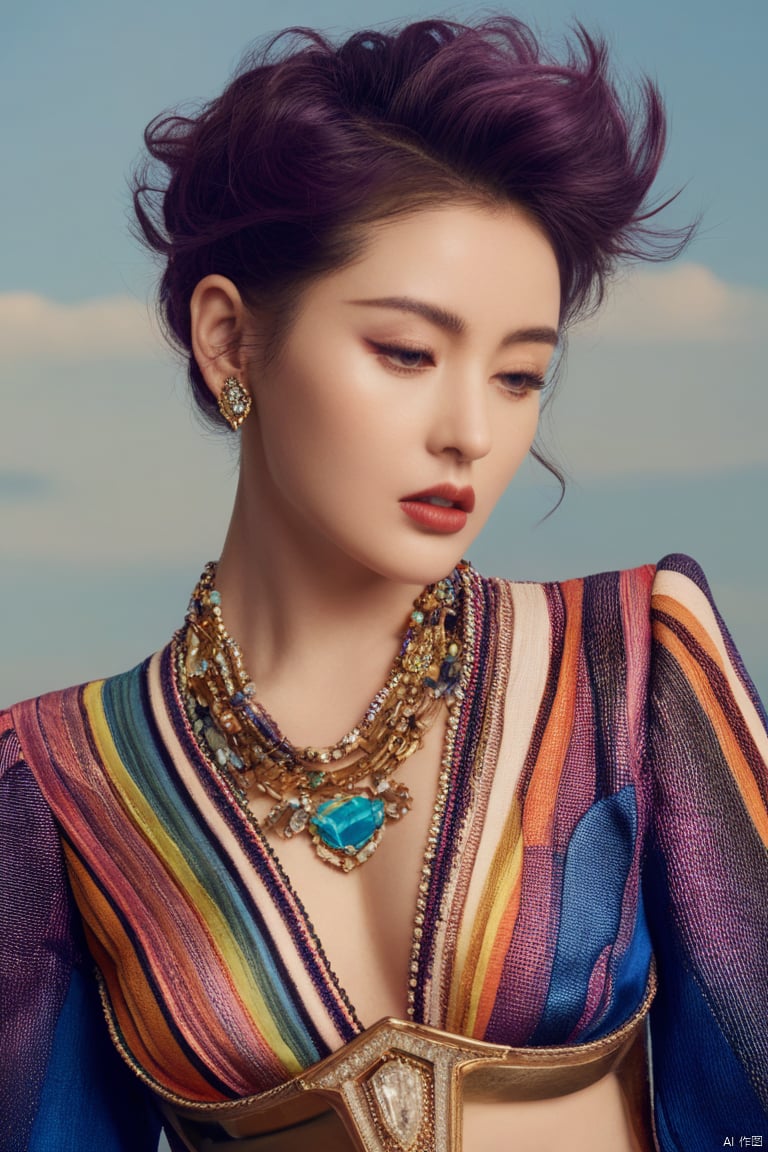  Surrealist beauty photo, a beautiful woman wearing complex and detailed colored clothes and future jewelry, low cut.,