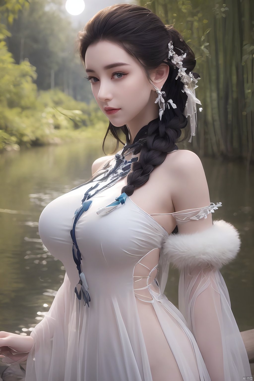 outdoor,(large breasts:1.29),flowers,floating hair,sky,rainbow,full moon,sky,stars,bamboo forest,river,1girl, solo, hair ornament, dress, jewelry, earrings, upper body, braid,  looking at viewer, long hair,official art,extremely detailed cg 8k wallpaper,looking at viewer,(extremely delicate and beautiful),Xbaiyijun,Ancient costume