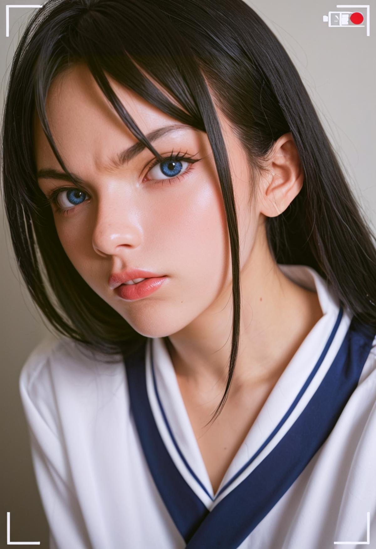 score_9, score_8_up, score_7_up, score_6_up, BREAK , source_real, raw, photo,  1 girl,(master piece,high resolution, ultra detailed,8K,16K),look at viewer, black hair, blue eyes, long hair, Japanere highschool uniform, angry face juicy, miniskirt, phone recording, recording