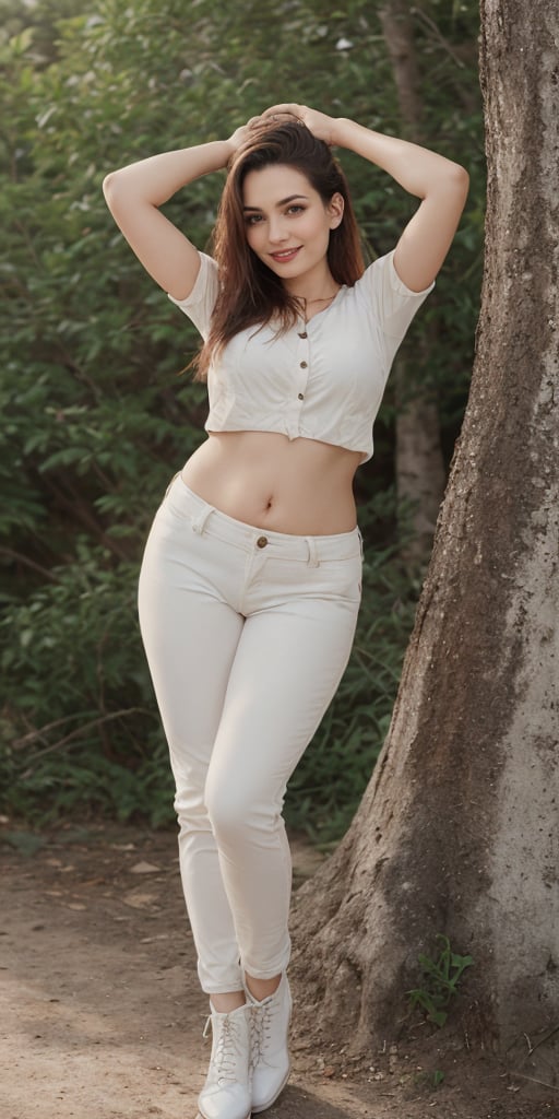 A strikingly beautiful 21-year-old girl with blonde hair, smiling, hands stand behind head, stands on a forest background. She is wearing a fit white t-shirt, black tight-fitting high-waisted jeans, lace-up boots and layered bracelets. Full body. She has beautiful blue eyes that draw attention to her flawless features. This scene is captured in high-quality photography, in which every detail is captured with exceptional clarity. The image exudes elegance and sophistication, inviting viewers to admire the impeccable style and beauty of the subject.,38 years old plump women ,38 years old plump 