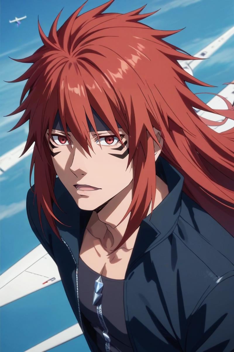 score_9, score_8_up, score_7_up, source_anime, rating_safe, intricate details, (photorealistic:0.6), looking at viewer, , 1boy, solo, male focus, <lora:guy_crimson_pony:0.8>, guy_crimson, red hair, red eyes, long hair, facial mark, from above, plane, midnight, (dynamic pose:1.2), open mouth, , <lora:sdxl_lightning_8step_lora:1>