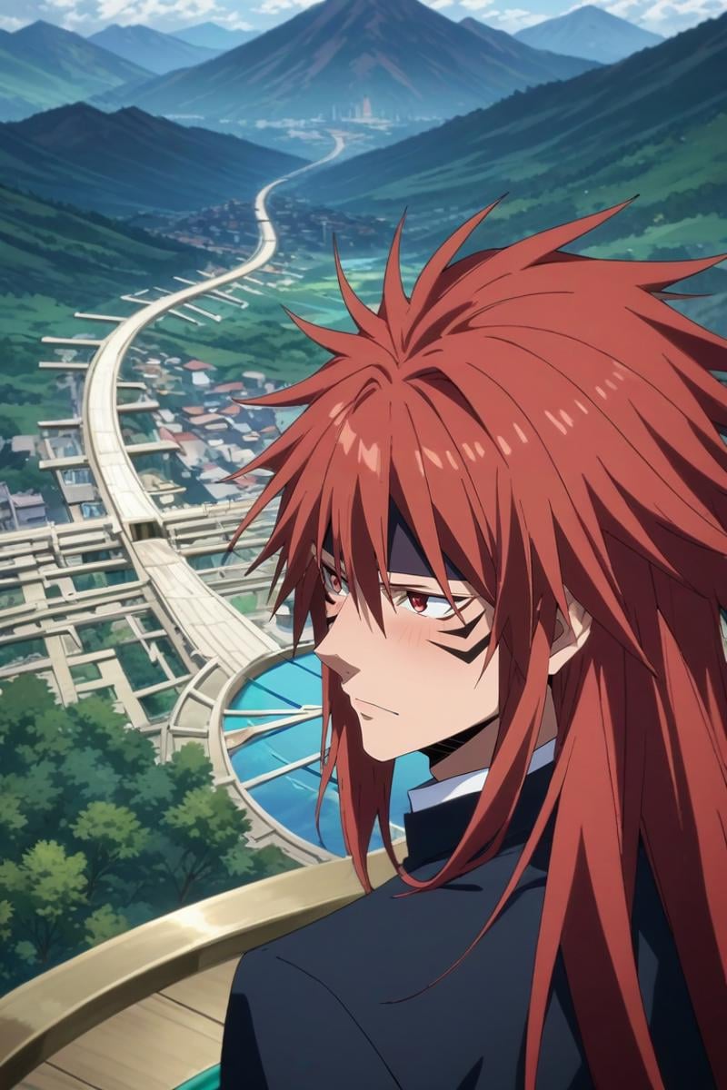 score_9, score_8_up, score_7_up, source_anime, rating_safe, intricate details, , , , 1boy, solo, male focus, <lora:guy_crimson_pony:0.8>, guy_crimson, red hair, red eyes, long hair, facial mark, from above, hill, midnight, spread arms, embarrassed, nose blush, conductor costume, <lora:sdxl_lightning_8step_lora:1>