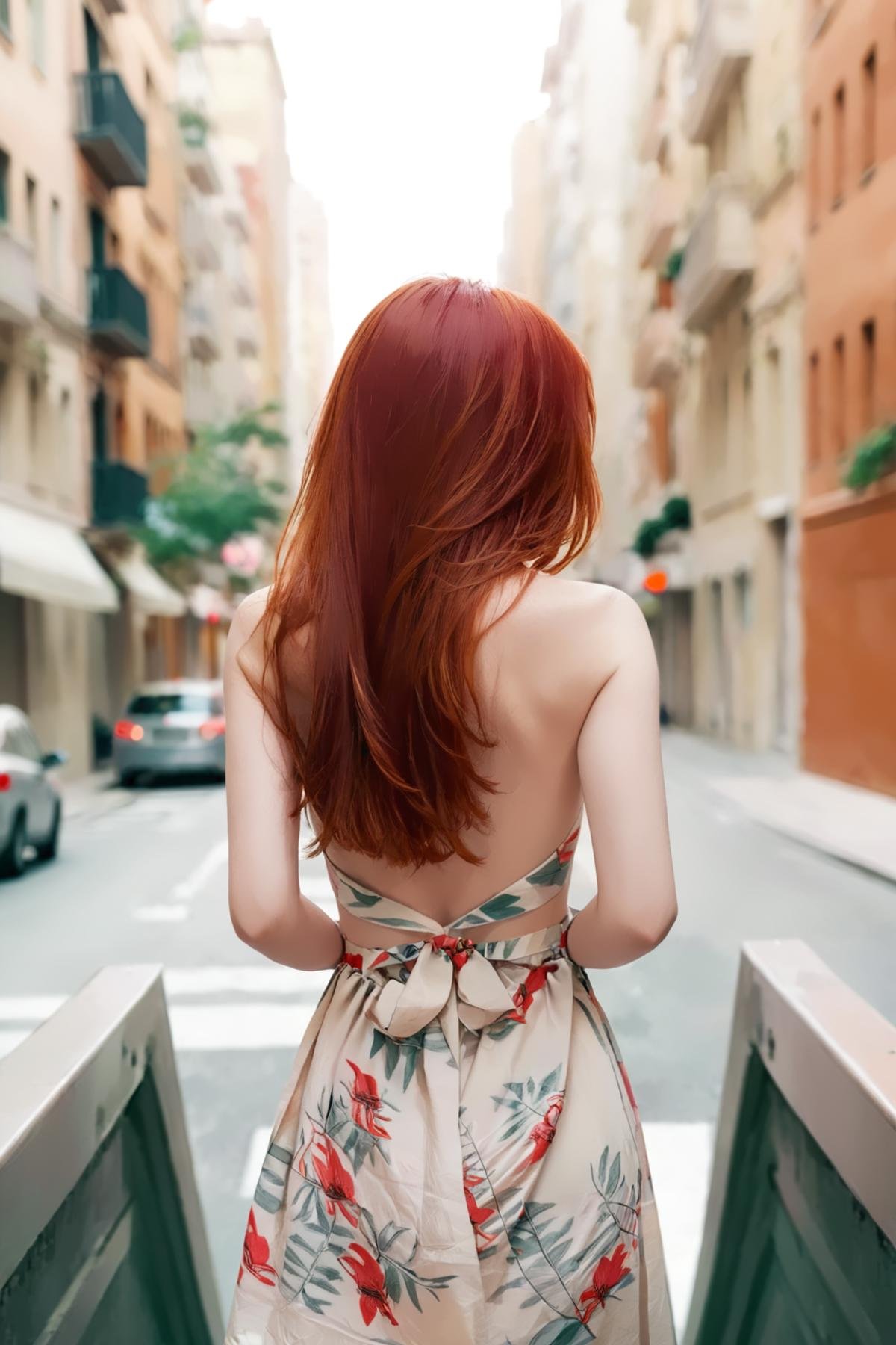 <lora:FlowerDressXL:1.3>,flwdrss,woman,city,red hair,facing away,