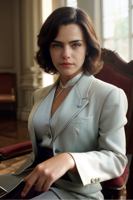 Realistic photo of Ana Paula Arosio woman, dressed in formal attire, wearing an elegant suit, in a corporate setting, cinematic style