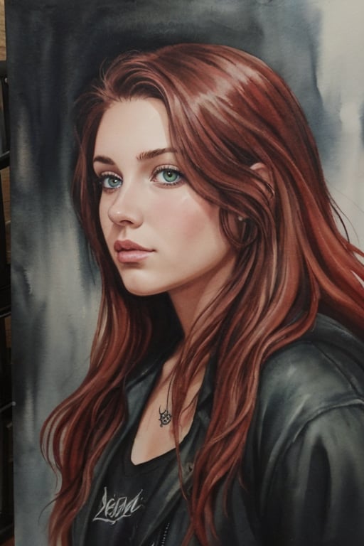 create a painting that is a mix of ink and watercolor. The painting must make the details of the applied artistic mode (mix of ink and watercolor) very visible, and must be a drawing of a red-haired girl, long wavy hair and piercing green eyes, wearing a black jacket n a dark and smoky rock bar, Grunge painting style