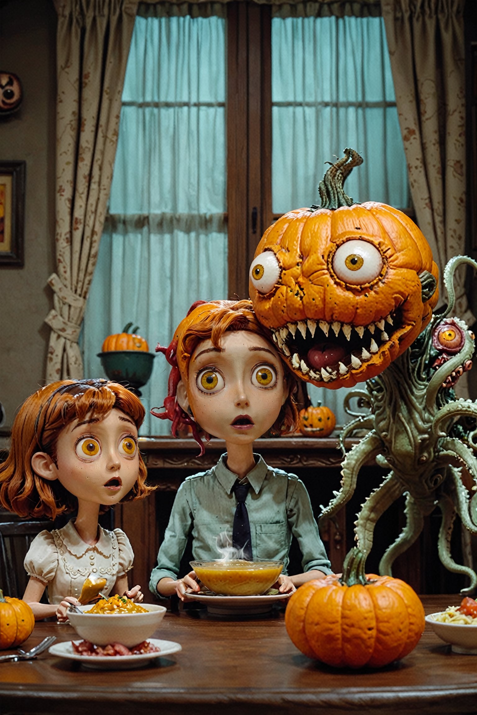 Three animated characters seated at a table in a dimly lit room. On the left, there's a female character with brown hair, wearing a white dress, holding a bowl of soup. In the center, a large, menacing creature with multiple eyes, sharp teeth, and tentacles is depicted, seemingly in a state of surprise or shock. On the right, there's a male character with orange hair, wearing a shirt and tie, holding a plate of food. The table has various items, including a pumpkin, a glass of liquid, and a bowl of soup. The background reveals a window with curtains and a wall with a framed picture.