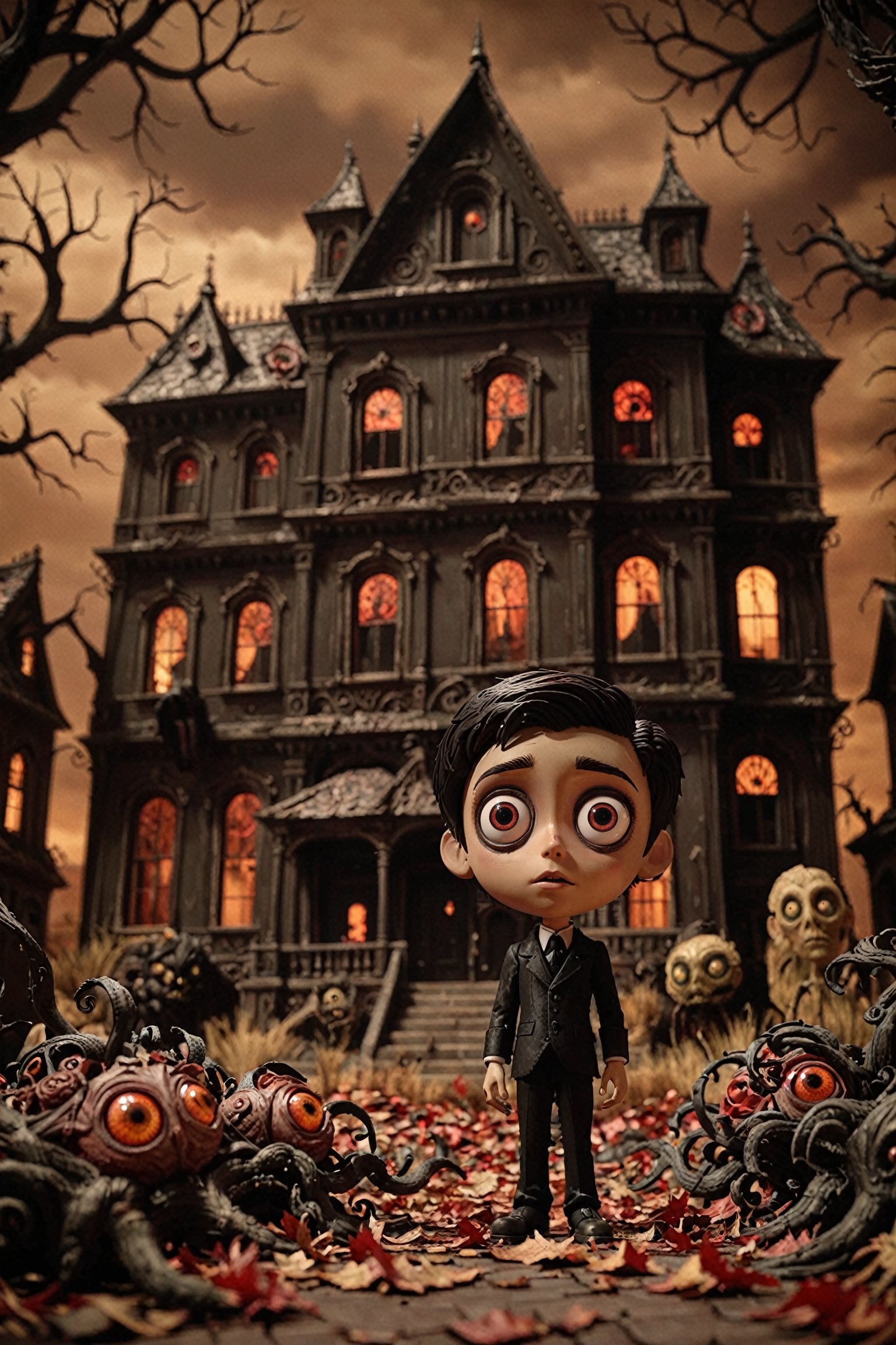 A dark, atmospheric scene with a young animated character standing in the foreground. The character has large eyes, dark hair, and is dressed in a formal suit. Behind the character, there's a hauntingly detailed house with ornate designs and a large, menacing face peering from the window. The ground is slick with a reddish hue, and there are small, dark figures scattered around. The overall tone of the image is eerie, suggesting a gothic or horror theme.