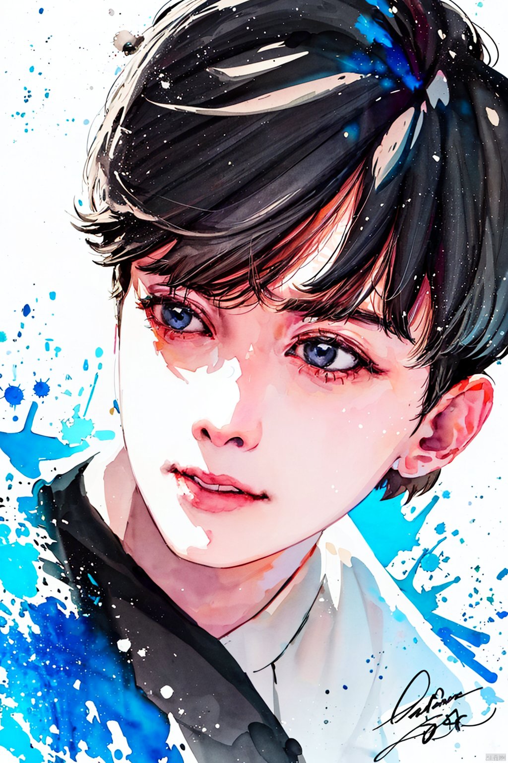 Watercolor, Watercolor painting, Color ink painting, Hand-drawn, Splash ink, Color ink, Rich in color, Pigment spraying,solo, black hair, 1boy, white background, male focus, signature, black eyes, portrait