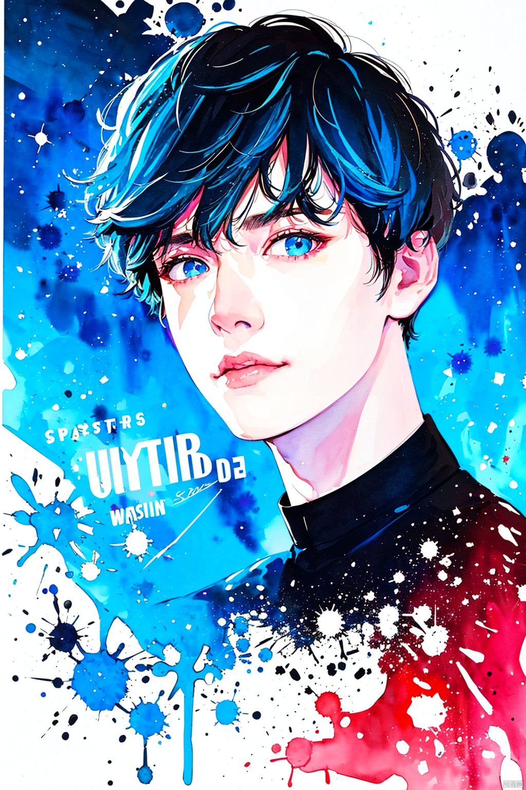 Watercolor, Watercolor painting, Color ink painting, Hand-drawn, Splash ink, Color ink, Rich in color, Pigment spraying,solo, looking at viewer, short hair, blue eyes, black hair, 1boy, blue hair, upper body, male focus, traditional media, portrait, painting \(medium\), paint splatter