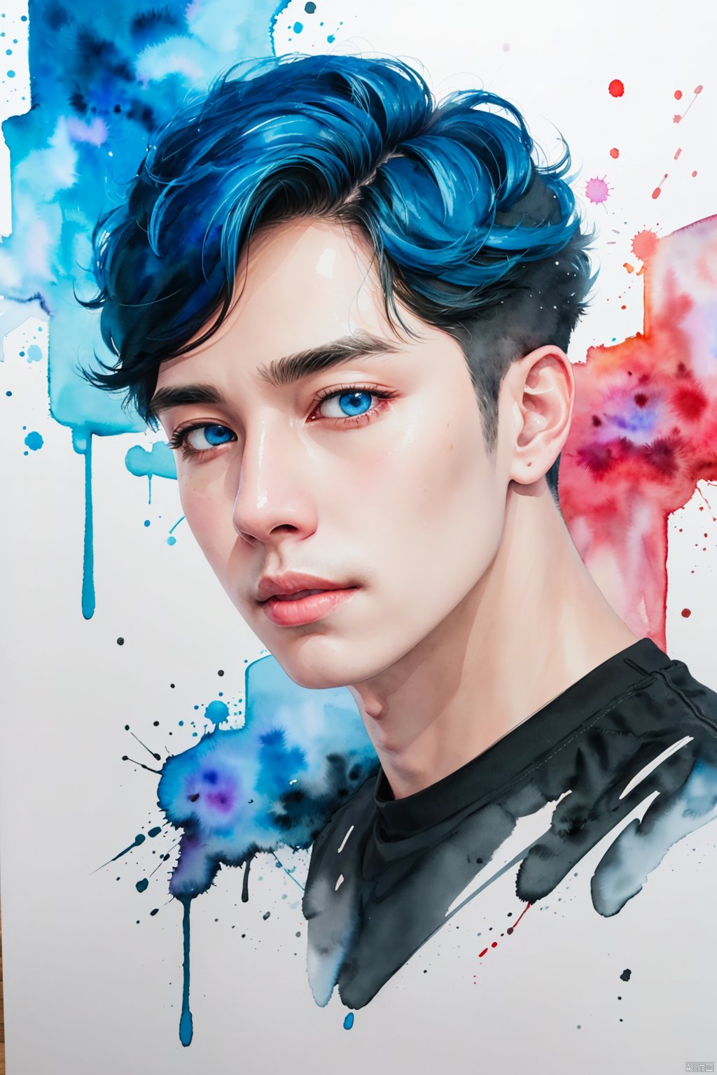 Watercolor, Watercolor painting, Color ink painting, Hand-drawn, Splash ink, Color ink, Rich in color, Pigment spraying,solo, looking at viewer, short hair, blue eyes, black hair, 1boy, blue hair, upper body, male focus, traditional media, portrait, painting \(medium\), paint splatter