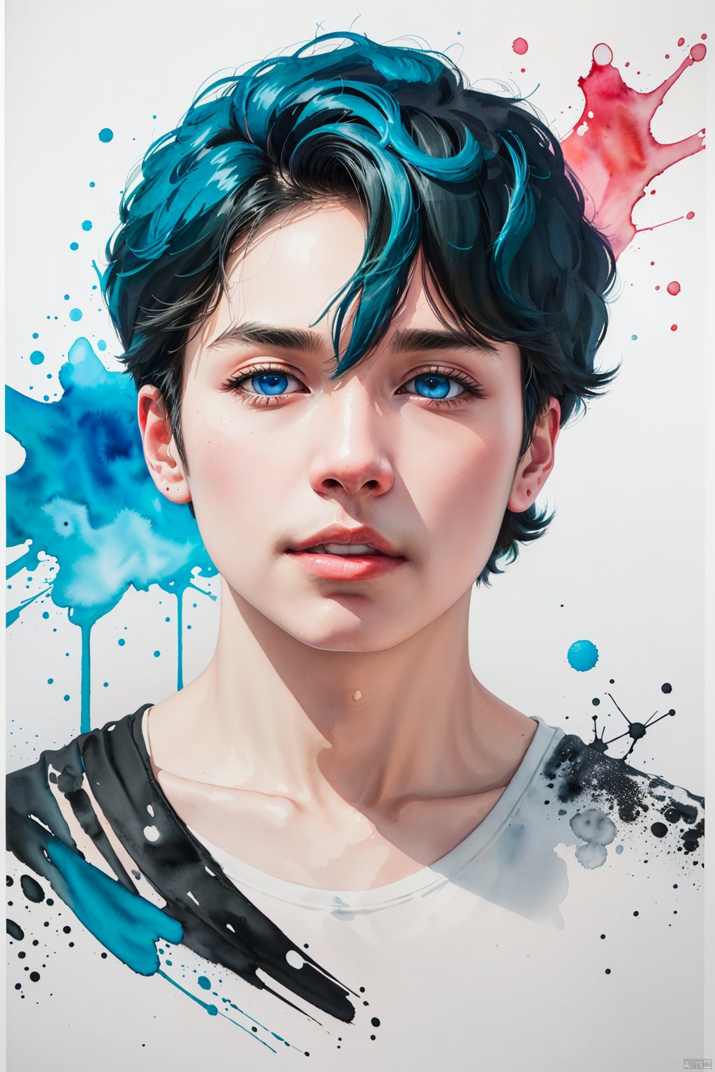 Watercolor, Watercolor painting, Color ink painting, Hand-drawn, Splash ink, Color ink, Rich in color, Pigment spraying,solo, looking at viewer, short hair, blue eyes, black hair, 1boy, blue hair, upper body, male focus, traditional media, portrait, painting \(medium\), paint splatter