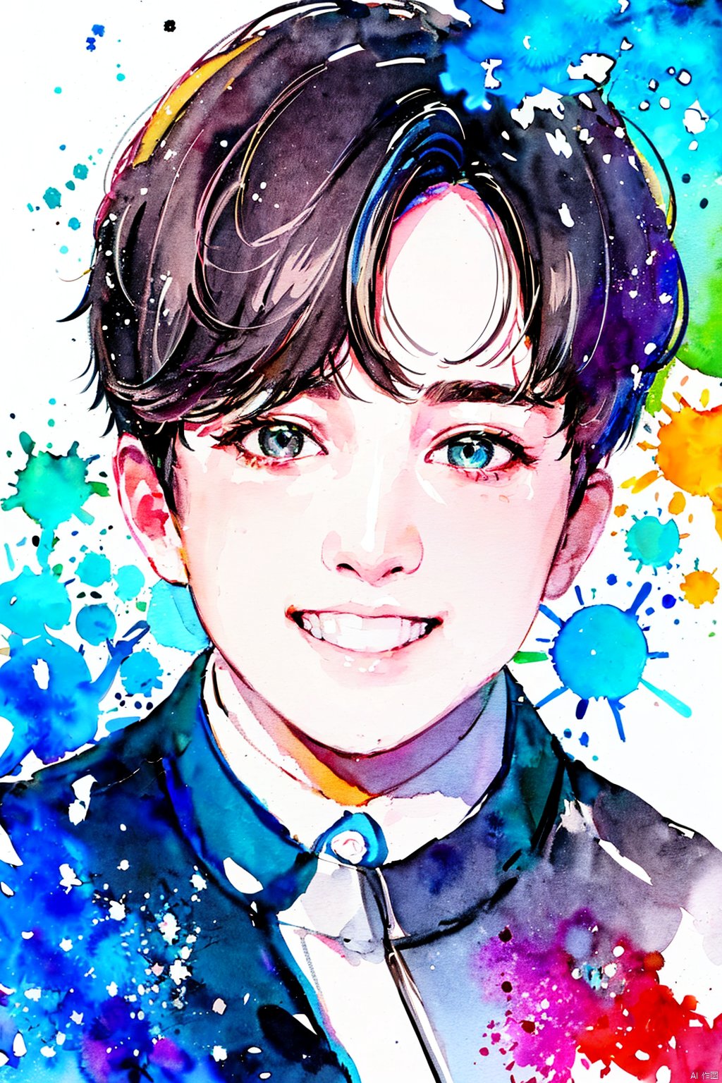 Watercolor, Watercolor painting, Color ink painting, Hand-drawn, Splash ink, Color ink, Rich in color, Pigment spraying,solo, looking at viewer, smile, short hair, shirt, 1boy, male focus, grin, traditional media, portrait, multicolored background