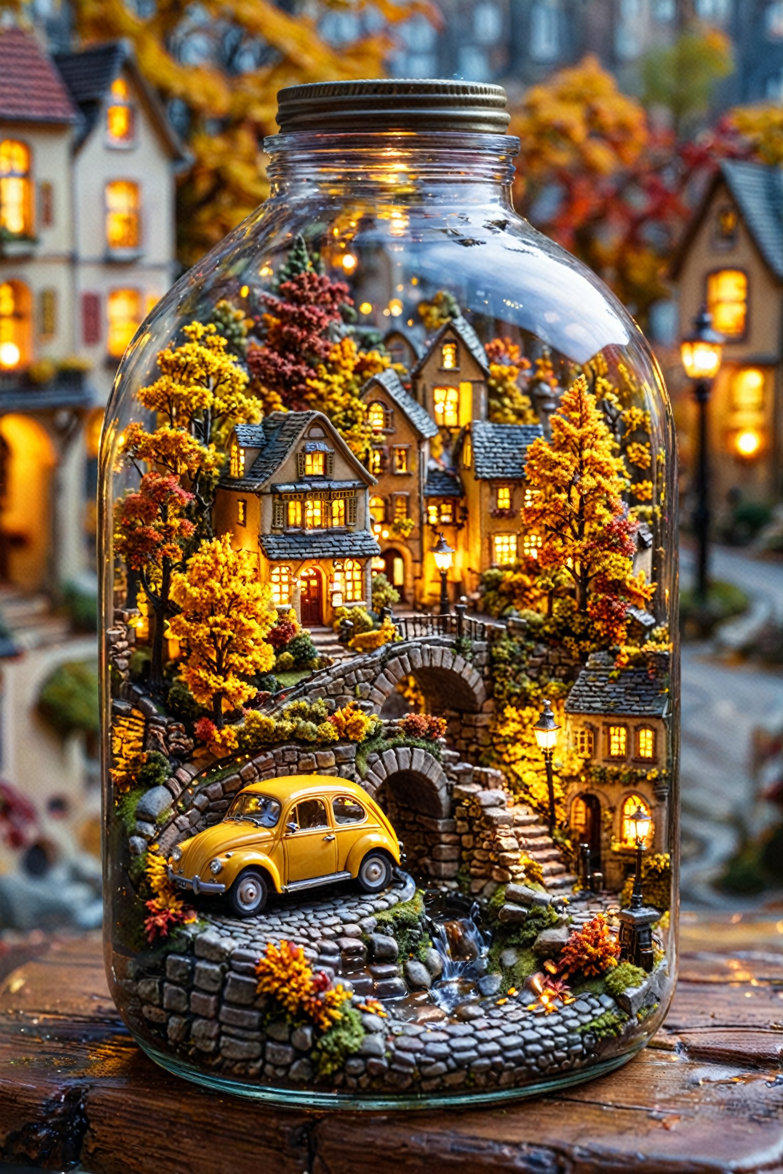 Miniature autumnal townscapes in transparent jar: quaint houses adorned with vibrant foliage, vintage yellow car parked on cobblestone street, stone bridge arching over small stream. Softly glowing street lamps illuminate scene, warm light casting gentle shadows. Blurred cityscape with lit windows subtly hints at larger urban area beyond.