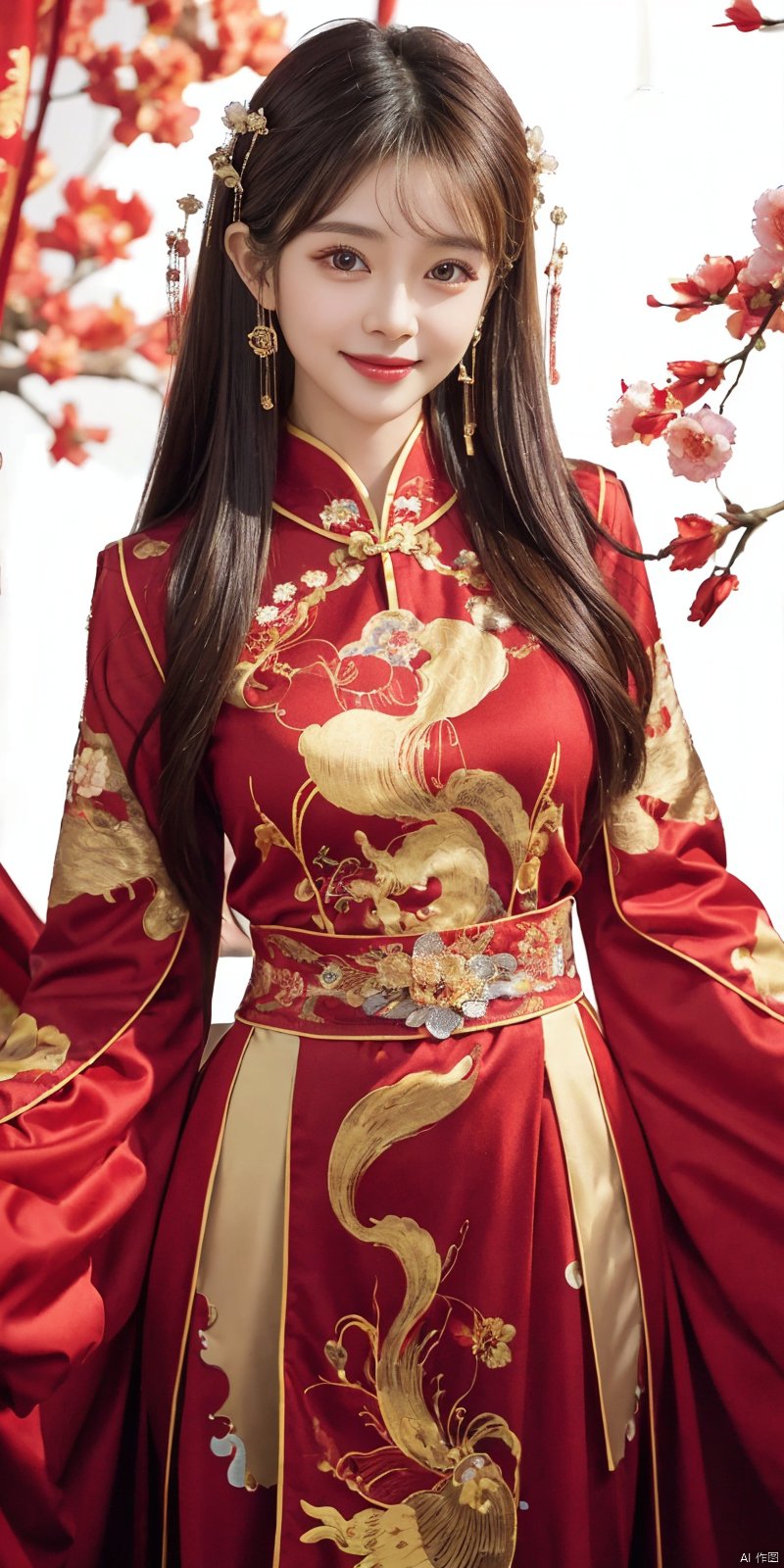  best quality, masterpiece, realistic, ,(Good structure), DSLR Quality,Depth of field,kind smile,looking_at_viewer,Dynamic pose, 
1girl, solo, long hair, 
wangyushan,fengguanxiapei,dress,chinese clothes,red dress,traditional clothes