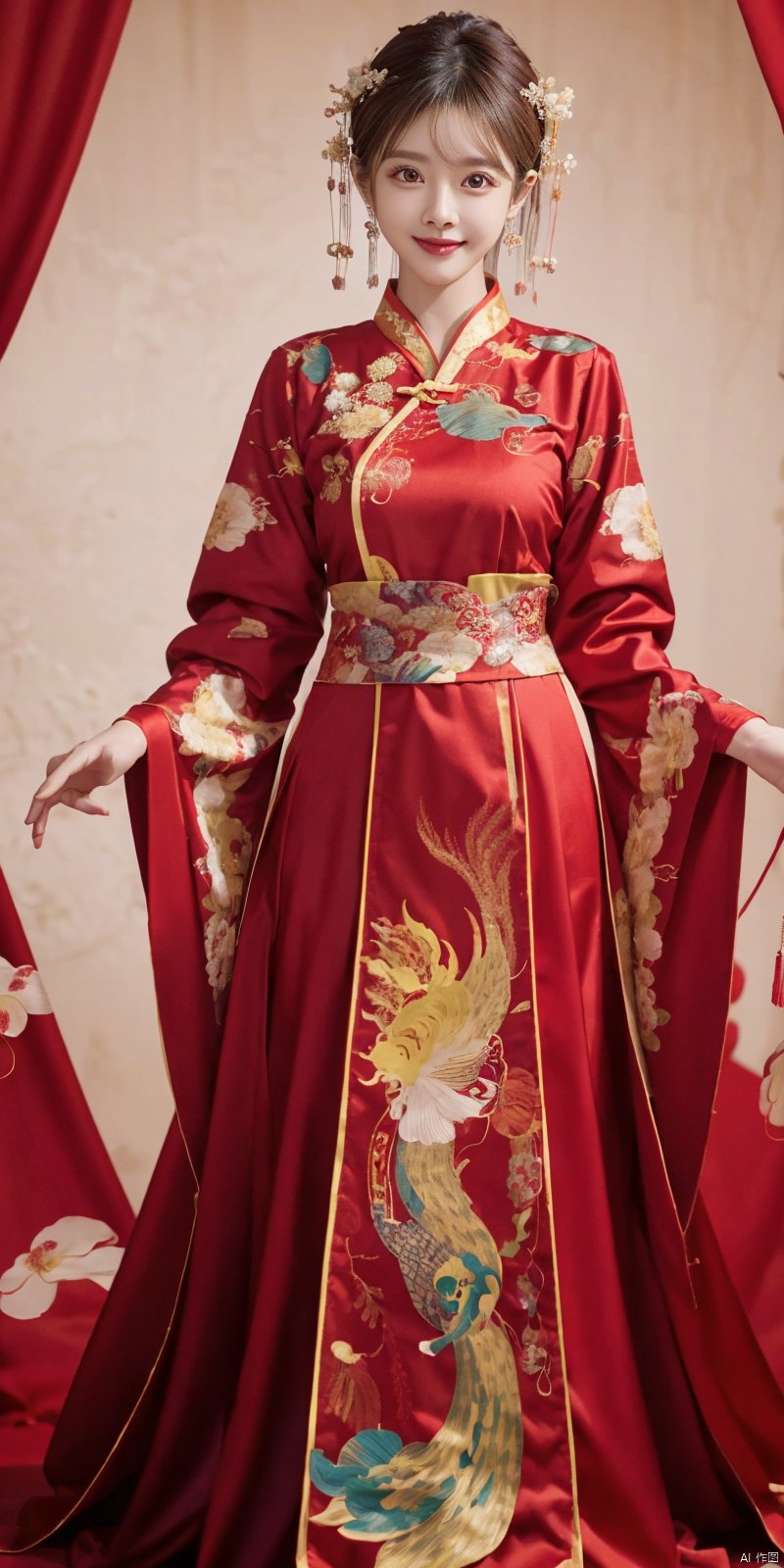  best quality, masterpiece, realistic, ,(Good structure), DSLR Quality,Depth of field,kind smile,looking_at_viewer,Dynamic pose, 
1girl, solo, long hair, 
wangyushan,fengguanxiapei,dress,chinese clothes,red dress,traditional clothes