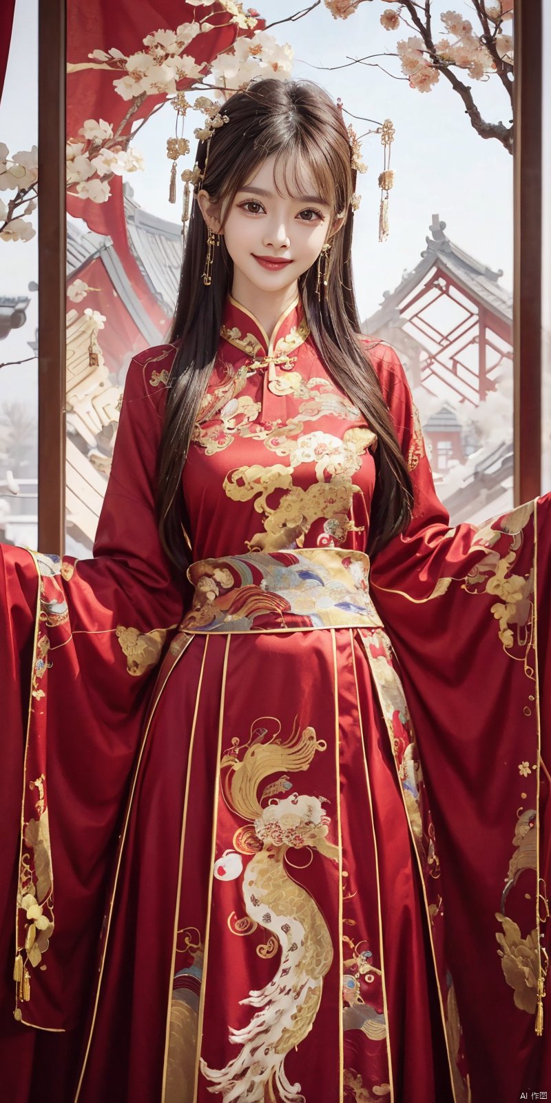  best quality, masterpiece, realistic, ,(Good structure), DSLR Quality,Depth of field,kind smile,looking_at_viewer,Dynamic pose, 
1girl, solo, long hair, 
wangyushan,fengguanxiapei,dress,chinese clothes,red dress,traditional clothes