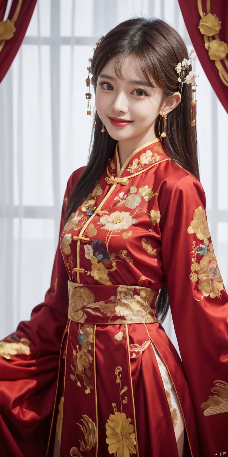  best quality, masterpiece, realistic, ,(Good structure), DSLR Quality,Depth of field,kind smile,looking_at_viewer,Dynamic pose, 
1girl, solo, long hair, 
wangyushan,fengguanxiapei,dress,chinese clothes,red dress,traditional clothes