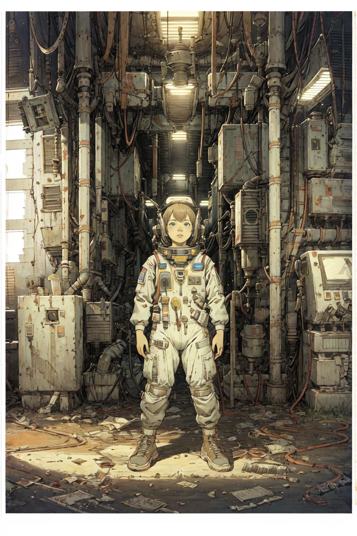 8k,absurdres, highres, ultra detailed, masterpiece, sharp shading,under,Tatsuyuki1girl,kid,abandon staion,astronaut uniform,monocolor,gaint machine,(obsolete machine:1.3),upper body, (solo:1.2),1girl,masterpiece,<lora:Tatsuyuki Tanaka-000009:0.7>  <lora:Migunov2:1> <lora:GoodHands-vanilla:1>