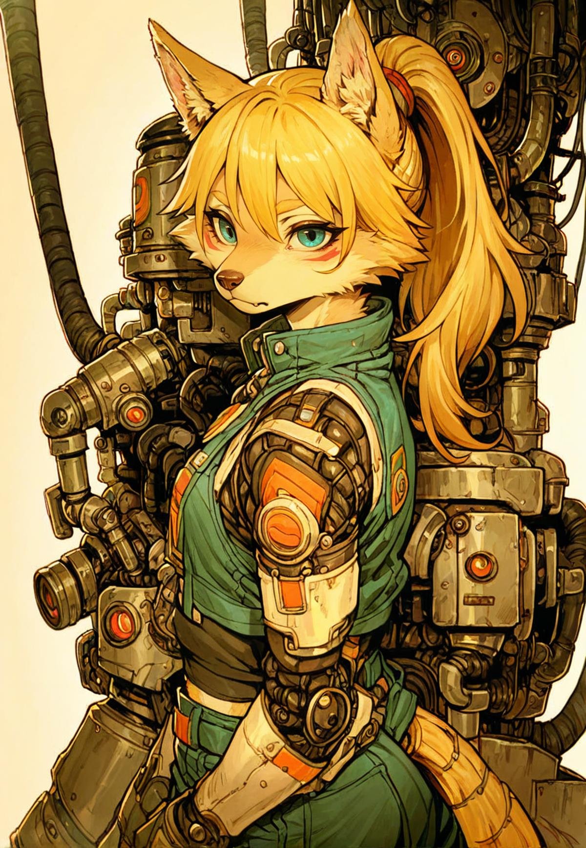 (anthro wolf girl:1.2),blonde,ponytail,obslete machine,tatsuyuk,looking at viewer, <lora:Perfect Hands:1>   <lora:age_slider_v4:-5>  <lora:tatsuyuk:0.75>, score_9, score_8_up, score_7_up, score_6_up, score_5_up, score_4_up,zPDXL