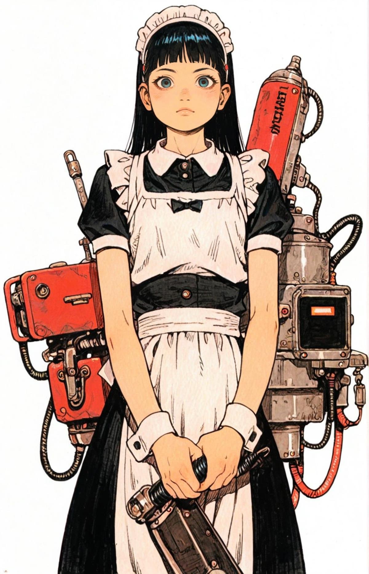 1girl,black hair,maid outfit,solo,cowboy shot,holding computer tools,obslete weaponwhite background,tatsuyuk,looking at viewer, <lora:Perfect Hands:1>   <lora:age_slider_v4:-3>  <lora:tatsuyuk:0.8>, score_9, score_8_up, score_7_up, score_6_up, score_5_up, score_4_up,zPDXL