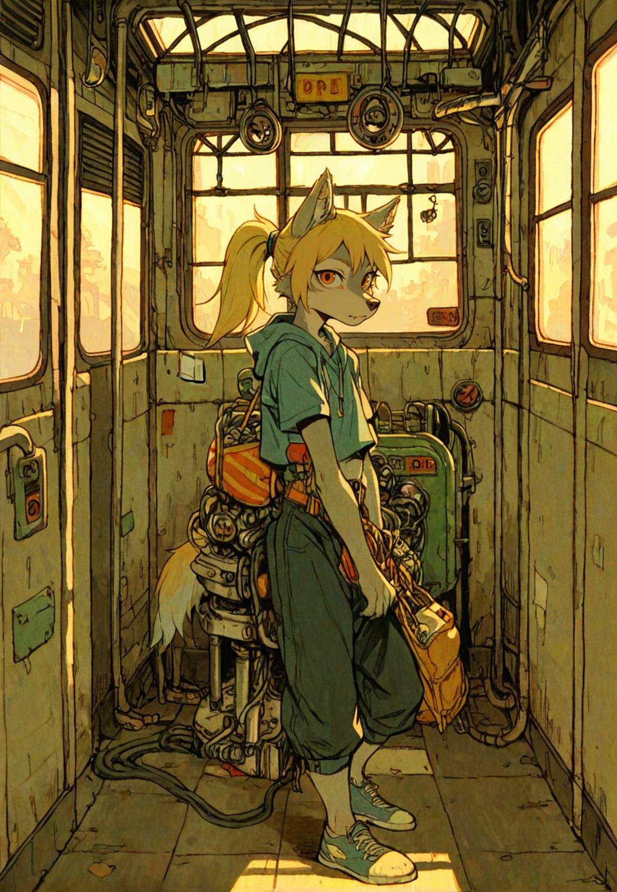 (anthro wolf girl:1.2),blonde,grey fur,subway staion,gate,ponytail,obslete machine,tatsuyuk,looking at viewer, <lora:Perfect Hands:1>   <lora:age_slider_v4:-5>  <lora:tatsuyuk:0.75>, score_9, score_8_up, score_7_up, score_6_up, score_5_up, score_4_up,zPDXL