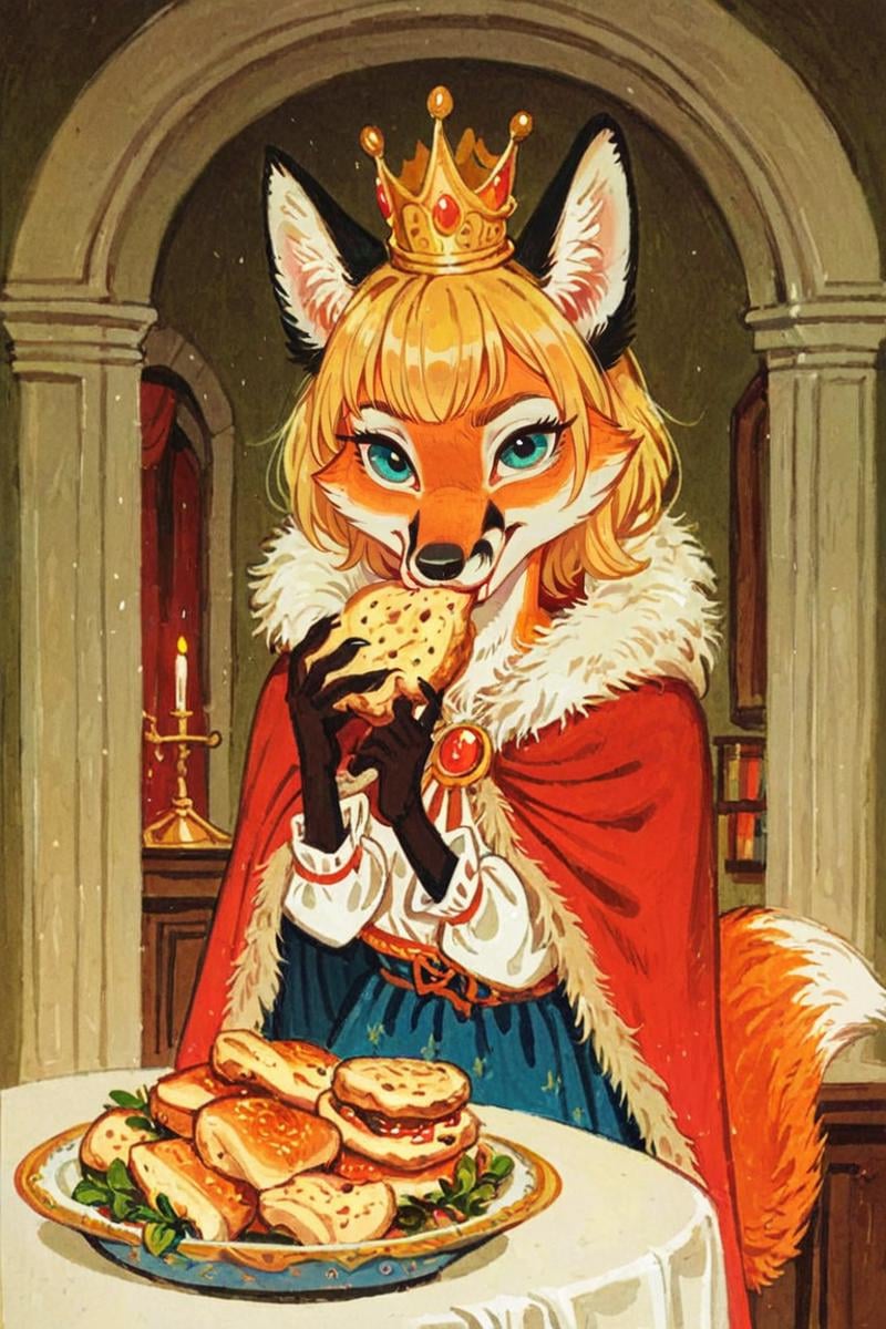 anthro fox girl,blonde hair,princess,(solo:1.5),indoors,crown, Trepenok,cape,portrait, Eating lunch,looking at viewer, <lora:Trepenok:0.8>  <lora:age_slider_v4:-3> <lora:Perfect Hands:1>, score_9, score_8_up, score_7_up, score_6_up, score_5_up, score_4_up,zPDXL