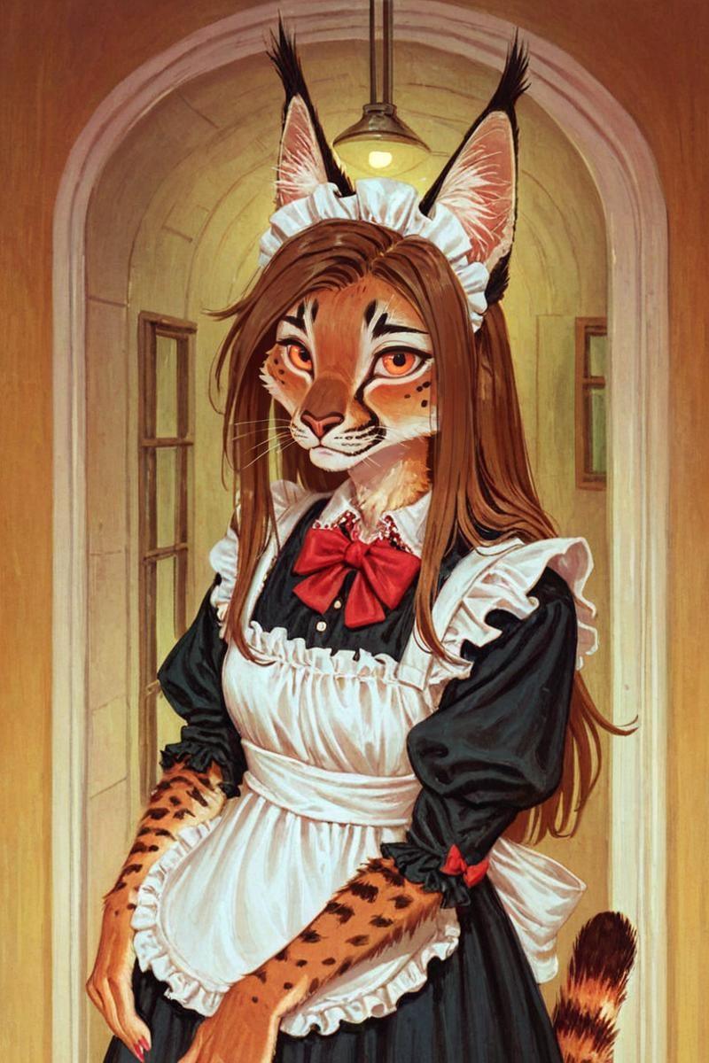 (anthro caracal girl:1.2),portrait,brown hair,long hair,looking at viewer,(solo:1.3)subway staion,maid outfit,<lora:Perfect Hands:1>  <lora:Trepenok:0.9> <lora:age_slider_v4:-3>, score_9, score_8_up, score_7_up, score_6_up, score_5_up, score_4_up,zPDXL