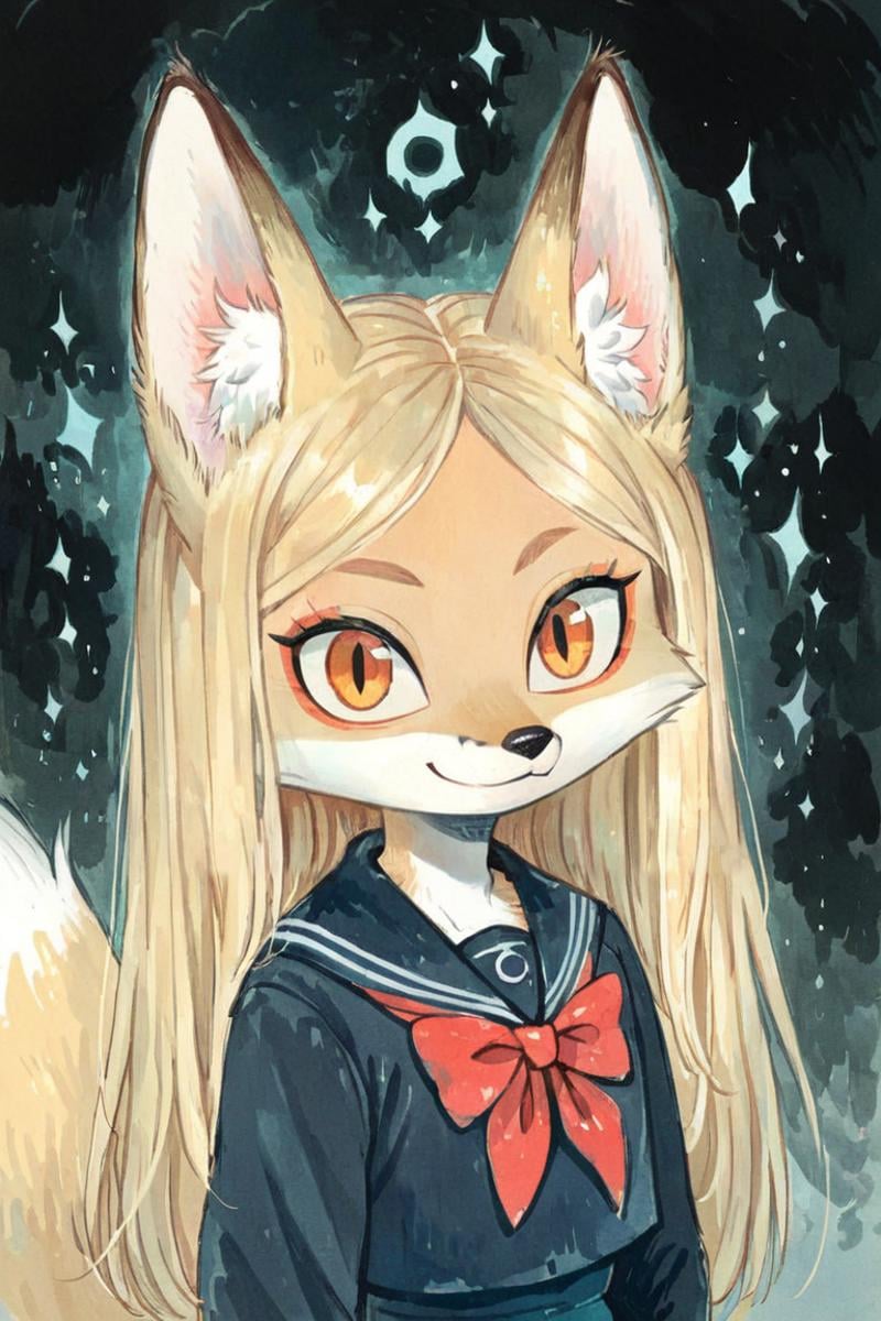 (anthro fox girl:1.4),(blonde hair:1.2),(solo:1.5),ameli,smile,alinedeep dark night classroom,school uniform,close-up, looking at viewer<lora:Perfect Hands:1> <lora:age_slider_v4:-2> <lora:Ameli:0.85>, score_9, score_8_up, score_7_up, score_6_up, score_5_up, score_4_up,zPDXL