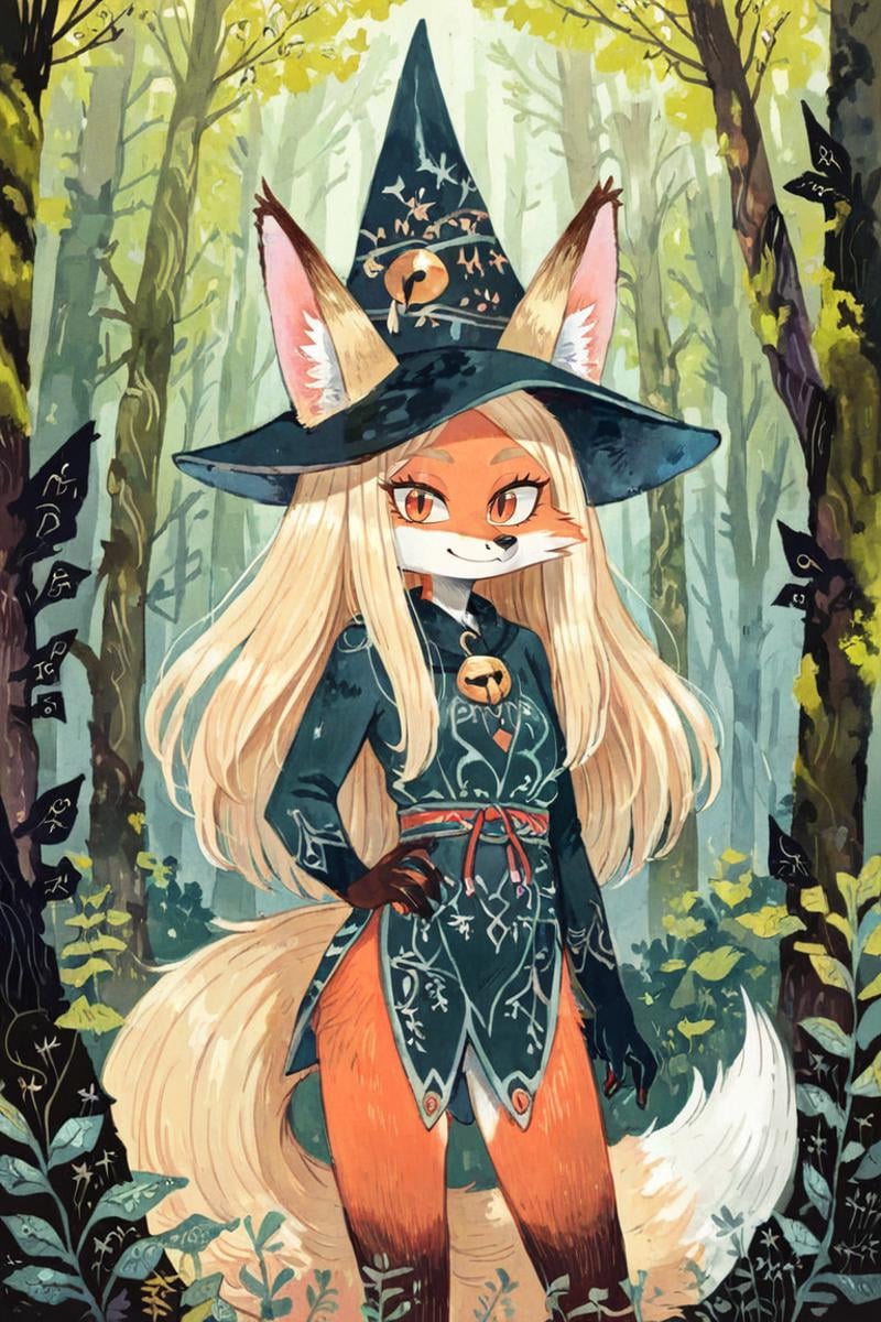 (anthro fox girl:1.4),(blonde hair:1.2),(solo:1.5),ameliforest,witch outfit and hat,(cowboy shot:1.2), looking at viewer, smile<lora:Perfect Hands:1> <lora:age_slider_v4:-2> <lora:Ameli:0.85>, score_9, score_8_up, score_7_up, score_6_up, score_5_up, score_4_up,zPDXL