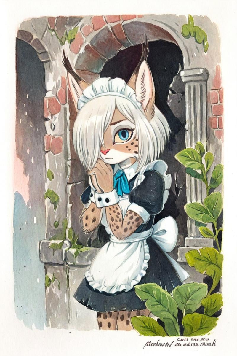 anthro lynx girl,maid outfit,white hair,blue eyes,Ameli,(solo:1.3)bang covering one eye,italy ruins,looking at viewer,traditional media,Leaning Tower of Pisa<lora:Perfect Hands:1> <lora:Ameli:0.8>, score_9, score_8_up, score_7_up, score_6_up, score_5_up, score_4_up,zPDXL