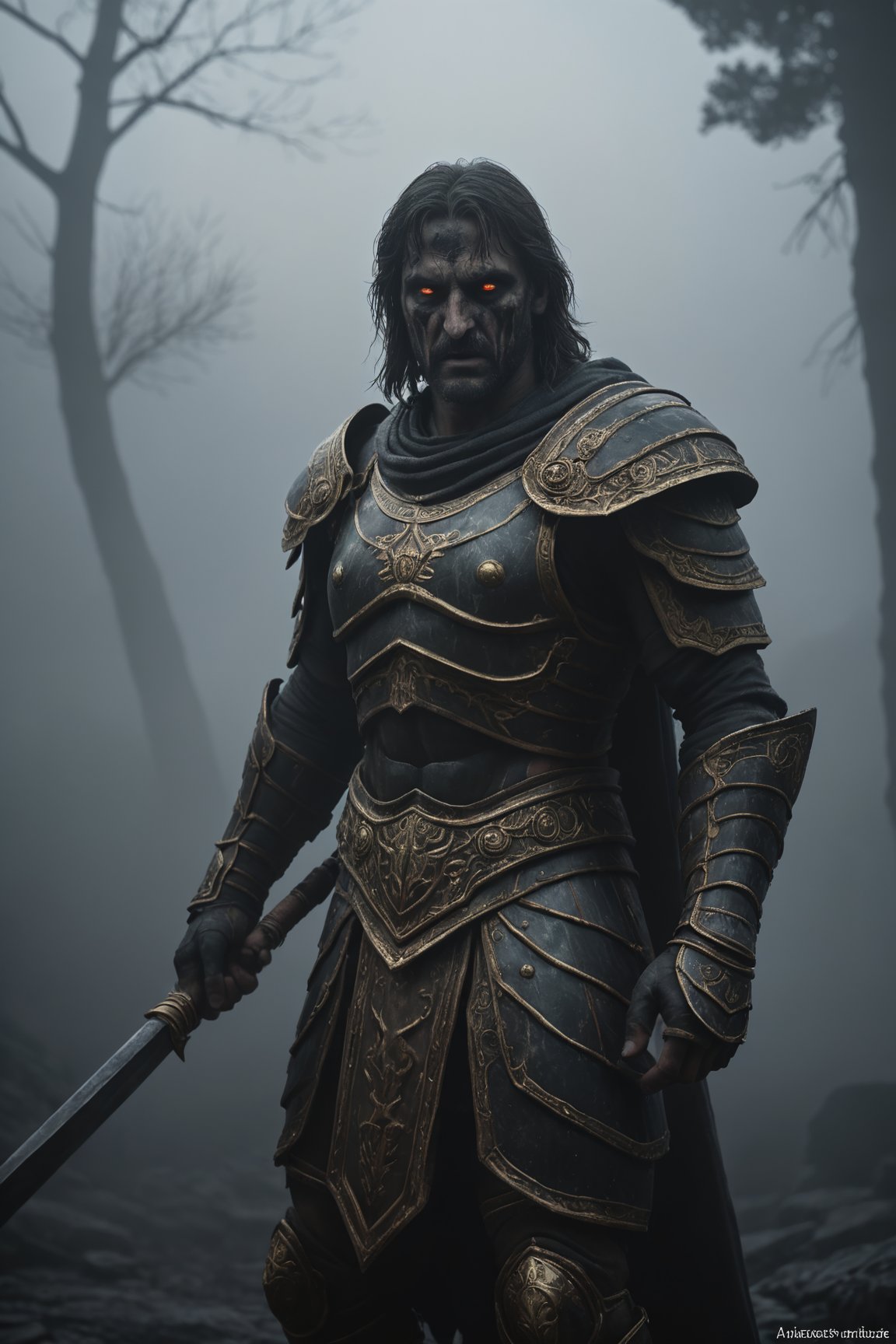 cinematic, hephaistos, inricate armor, wrathful eyes, epic, absurdres, dark atmosphere, fog 