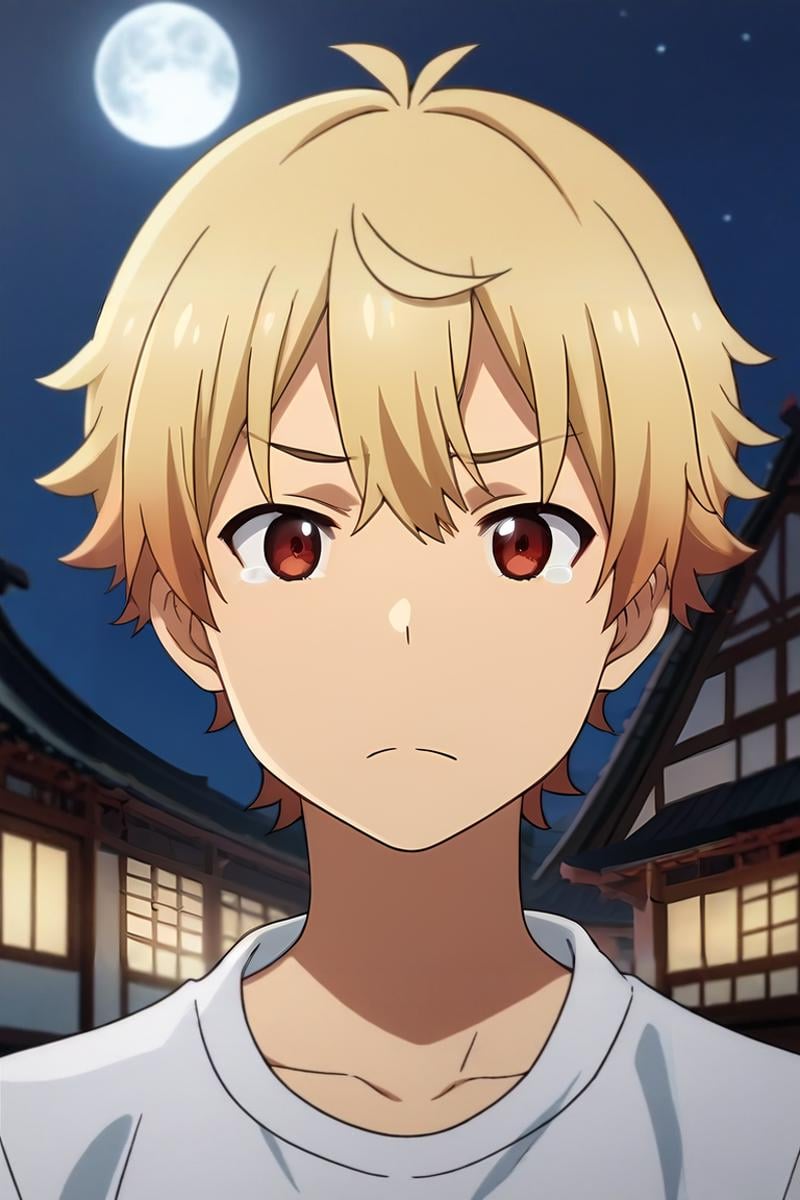 score_9, score_8_up, score_7_up, source_anime, rating_safe, , anime screencap, , , , , 1boy, solo, male focus, <lora:subaru_uchimaki_pony:0.76>, subaru_uchimaki, blonde hair, red eyes, short hair, close-up, east asian architecture, night, full moon, arms up, tearing up, muscle shirt,, <lora:sdxl_lightning_8step_lora:1>