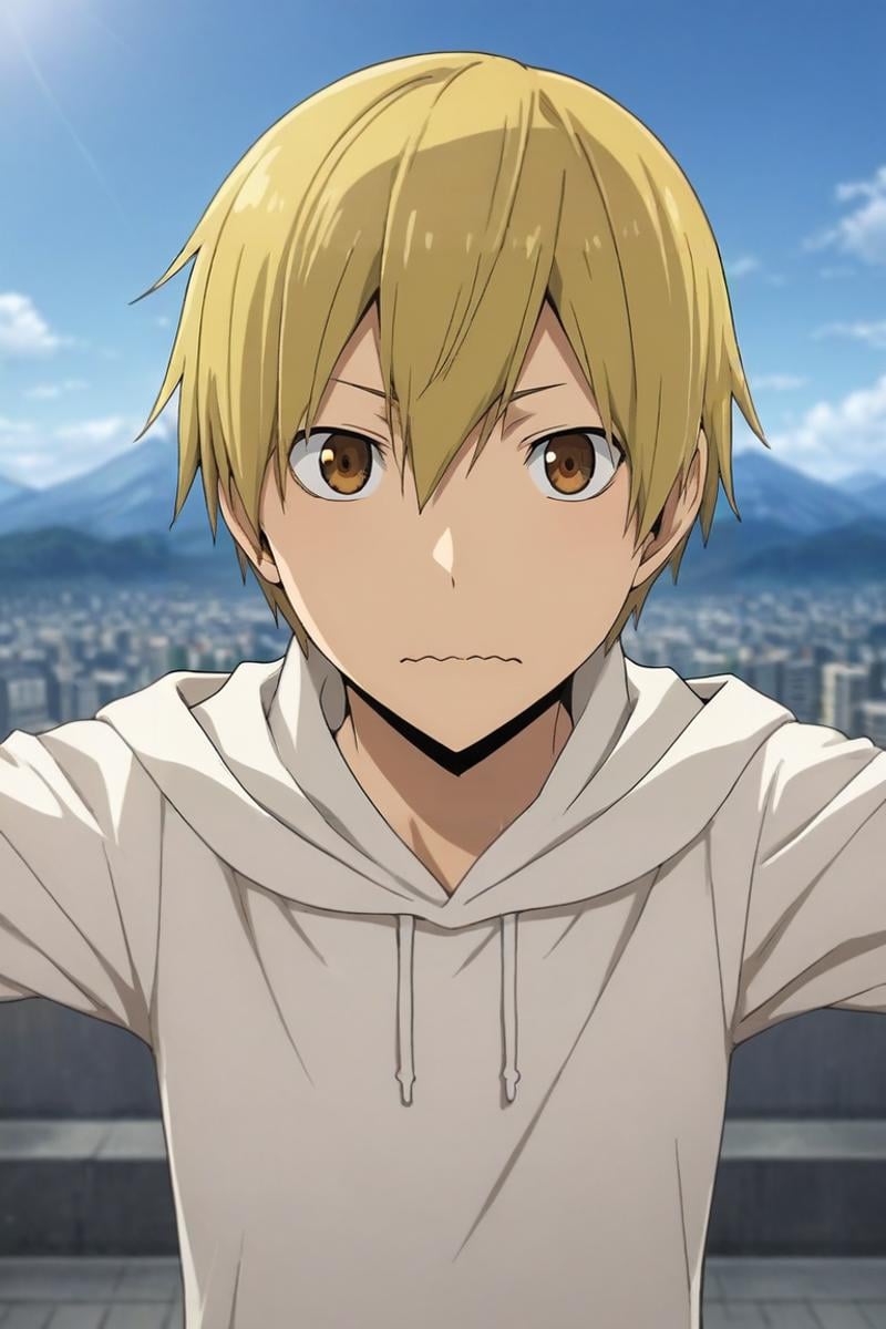 score_9, score_8_up, score_7_up, source_anime, rating_safe, , , looking at viewer, depth of field, 1boy, solo, male focus, <lora:masaomi_kida_pony:0.84>, masaomi_kida, blonde hair, brown eyes, short hair, hair between eyes, asymmetrical, mountaintop city, dawn, spread arms, wavy mouth, comic book character costume, <lora:sdxl_lightning_8step_lora:1>