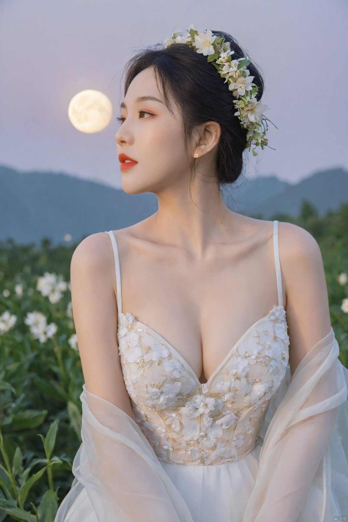 1girl,Xnangongwan,flower,big breasts,moon