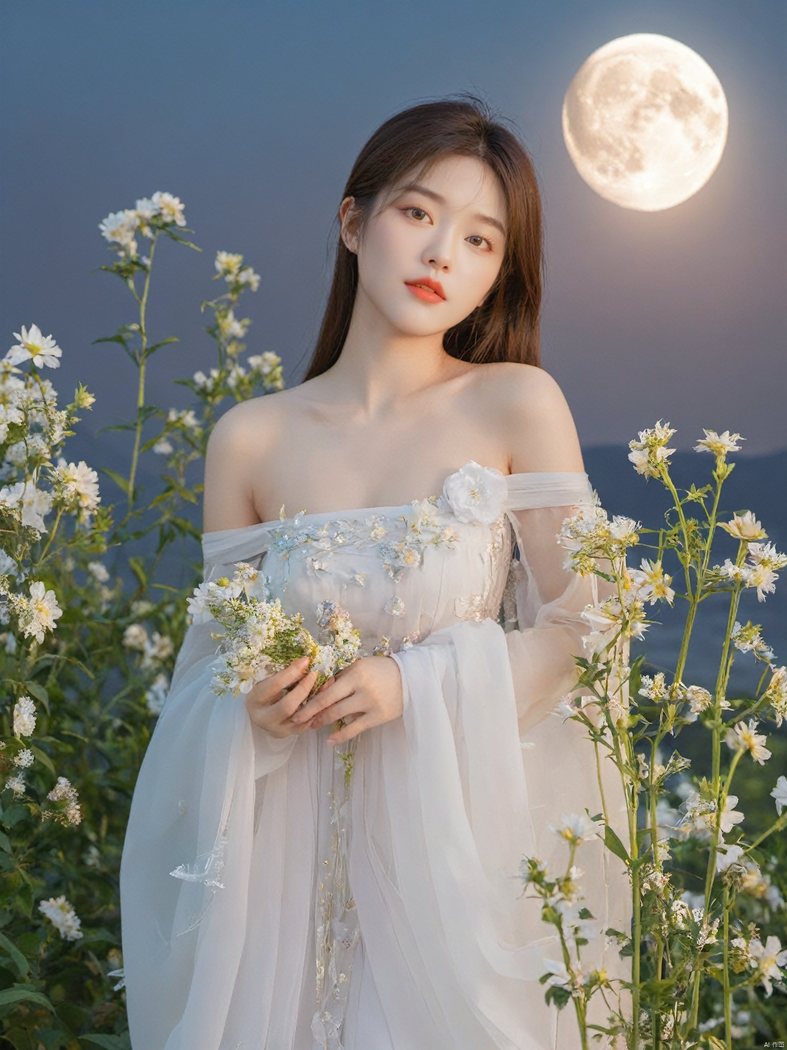 1girl,Xnangongwan,moon,flowers,big breasts