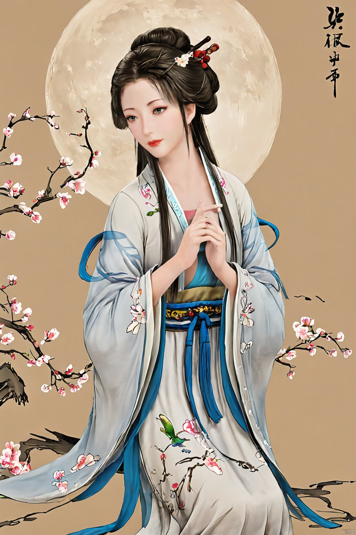 1girl,Xnangongwan,moon,flowers,big breasts, traditional chinese ink painting,chinese woman