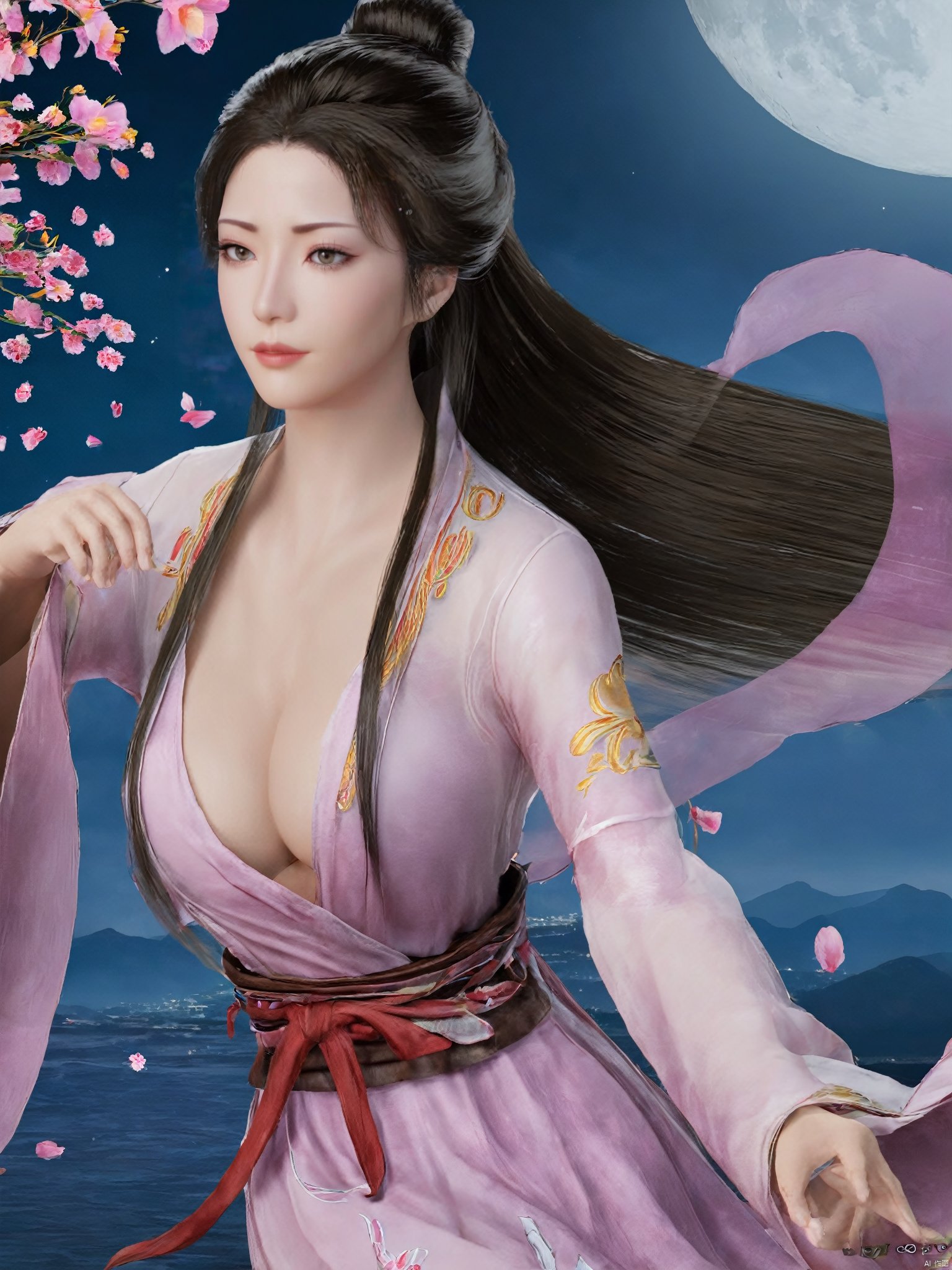 1girl,Xnangongwan,moon,flowers,big breasts