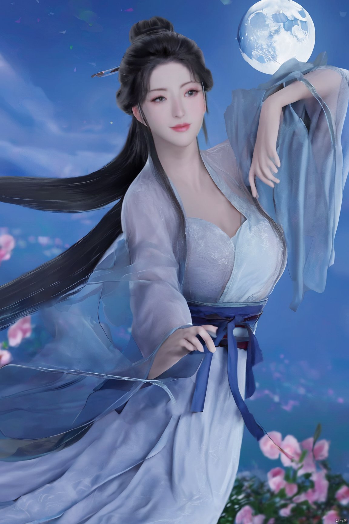 1girl,Xnangongwan,flower,big breasts,moon