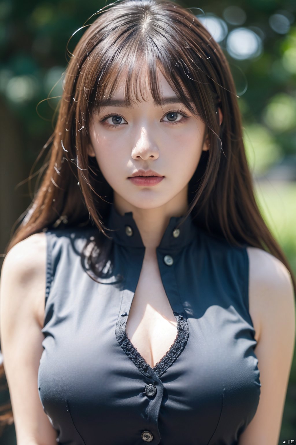 (cowboy_shot:1.2),best quality,8K,masterpiece,clear focus,outstanding style,1 girl,dark hair,large,black vest,highly detailed face and skin texture,detailed eyes,double eyelids, 