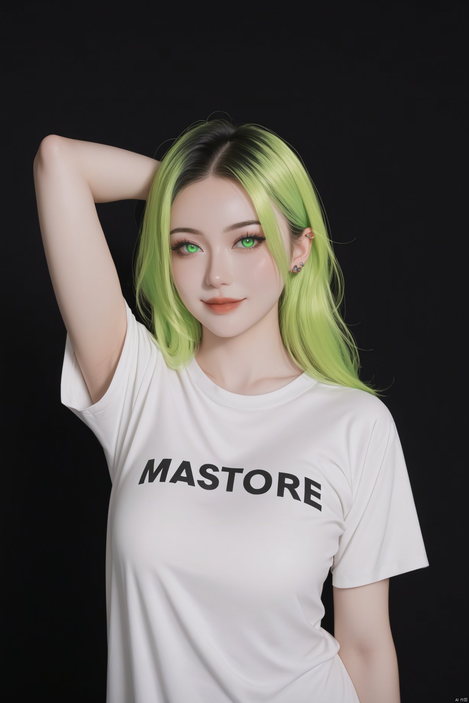 score_9,score_8_up,score_7_up,score_6_up,masterpiece,best quality,ultra-detailed,very aesthetic,absurdres,
1girl,pale skin,green eyes,thick black eyelashes,black eyeliner,dark eyeshadow,neon green hair,long hair,bangs,big breasts,oversized black t-shirt,ear piercings,looking at the viewer,bedroom eyes,seductive smile,g0thicPXL,glowing hair,glowing eyes,neon,arm behind head,arched back,dark background,cowboy shot,