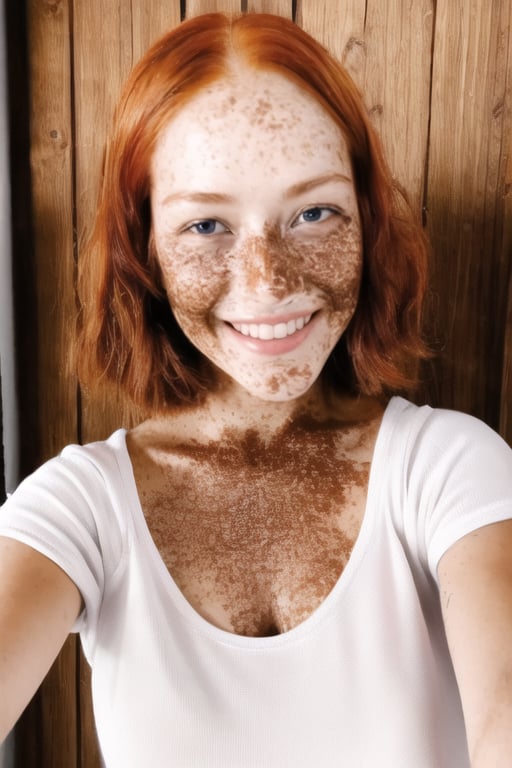 A warm and inviting scene: a redhead with freckles sprinkled across her face and torso poses confidently in front of a rustic wooden door. A loose-fitting white t-shirt clings to her curves, drawing attention to the radiant smile spreading across her freckled features. The soft lighting casts a golden glow on her complexion, emphasizing the intricate patterns of her freckles.