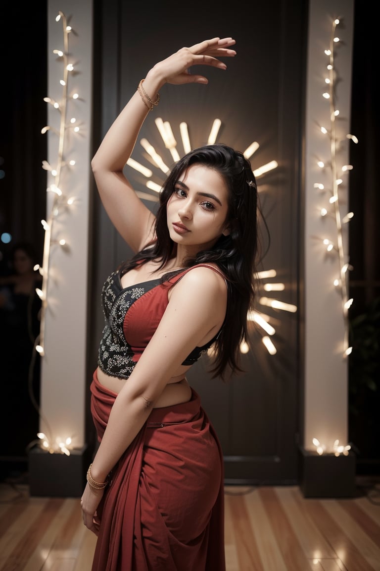 Confident Indian Instagram model, 18-year-old village girl, donning a stunning red dress, posed amidst pulsating disco lights in a modern setting at night. Her long black hair flows behind her as she effortlessly dances with friends. The vibrant atmosphere highlights intricate paper cutting patterns on the paperwork, matching the scene's brightness. Her dark hair adds depth and dimension against the colorful backdrop.