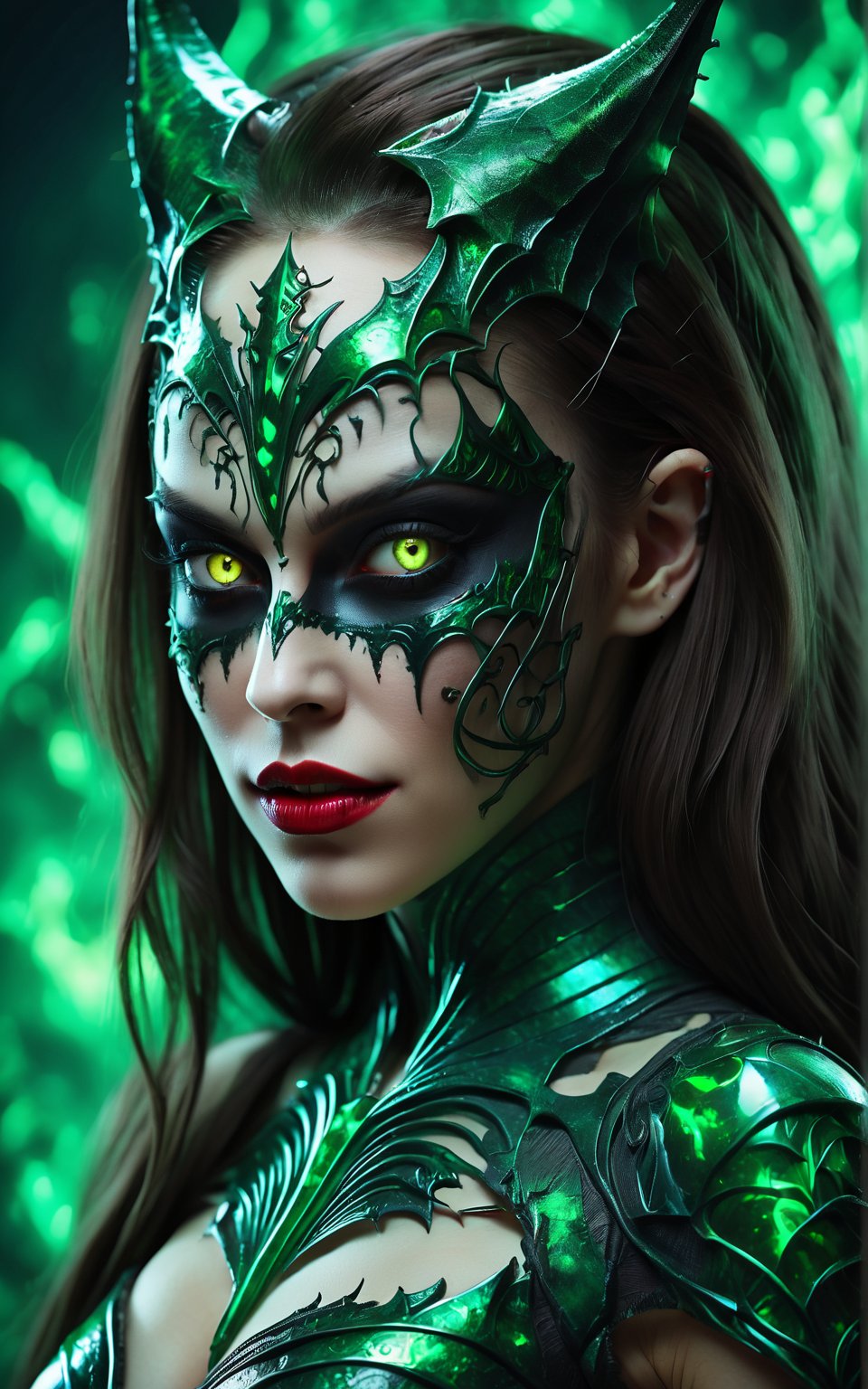 (best quality,8K,highres,masterpiece), ultra-detailed, (portrait of a stunning beauty woman, a beautiful cyborg with brown hair and sharp green eyes), an enchanting portrait capturing the beauty of a cyborg woman with striking brown hair and sharp green eyes. Her features are intricate and elegant, with every detail meticulously rendered to showcase her majestic presence. The portrait is captured through digital photography, allowing for the highest level of detail and realism. Adorning her cyborg form are delicate gold butterfly filigree accents, adding a touch of ethereal beauty to her appearance. Translucent fairy wings extend from her back, hinting at her otherworldly nature and grace. Surrounding her is a shattered glass motif, symbolizing both her fractured humanity and her resilience. This artwork captures the juxtaposition of beauty and technology, inviting the viewer to explore the depths of her character and identity. Feel free to add your own creative touches to enhance the realism and detail of this captivating portrait.
