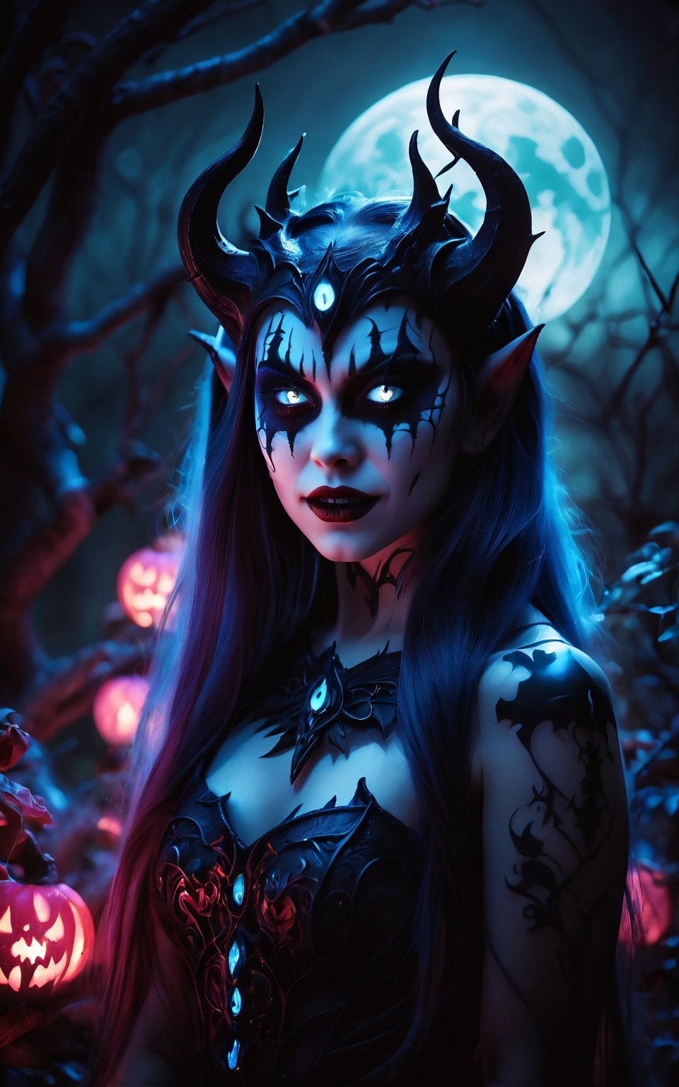 (best quality,8K,highres,masterpiece), ultra-detailed, 1girl with flower crown and icy blue eyes set within a moonlight garden. The scene is characterized by dark shadows and glowing elements, creating a contrast between light and dark. The girl's eyes shimmer with an otherworldly glow, reflecting the moonlight and adding to the ethereal atmosphere of the garden. Bright colors punctuate the scene, drawing attention to the vivid lighting and creating a sense of magic and enchantment. The dark background enhances the contrast, allowing the girl and her surroundings to stand out against the backdrop of the night garden. Feel free to add your own creative touches to further enhance the beauty and mystique of this captivating scene.
