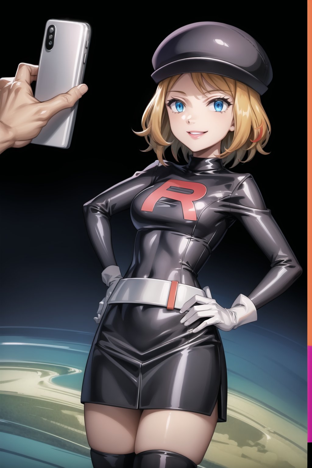 ((best quality)),  ((highly detailed)),  masterpiece,  ((official art)),  ((serena)), 1girl, solo, orange hair, blue eyes, blonde hair, short hair, bangs, (backPhone:1.3), hand on hip, black headwear, cabbie hat, hat, posing, lips, ( evil smile), ,Grunt Team Rocket, dress, black dress, (leotard, latex), long sleeves, gloves, elbow gloves, belt, grey belt, skirt, thighhighs, 1girl,simple background,smile,(sea background), posing,