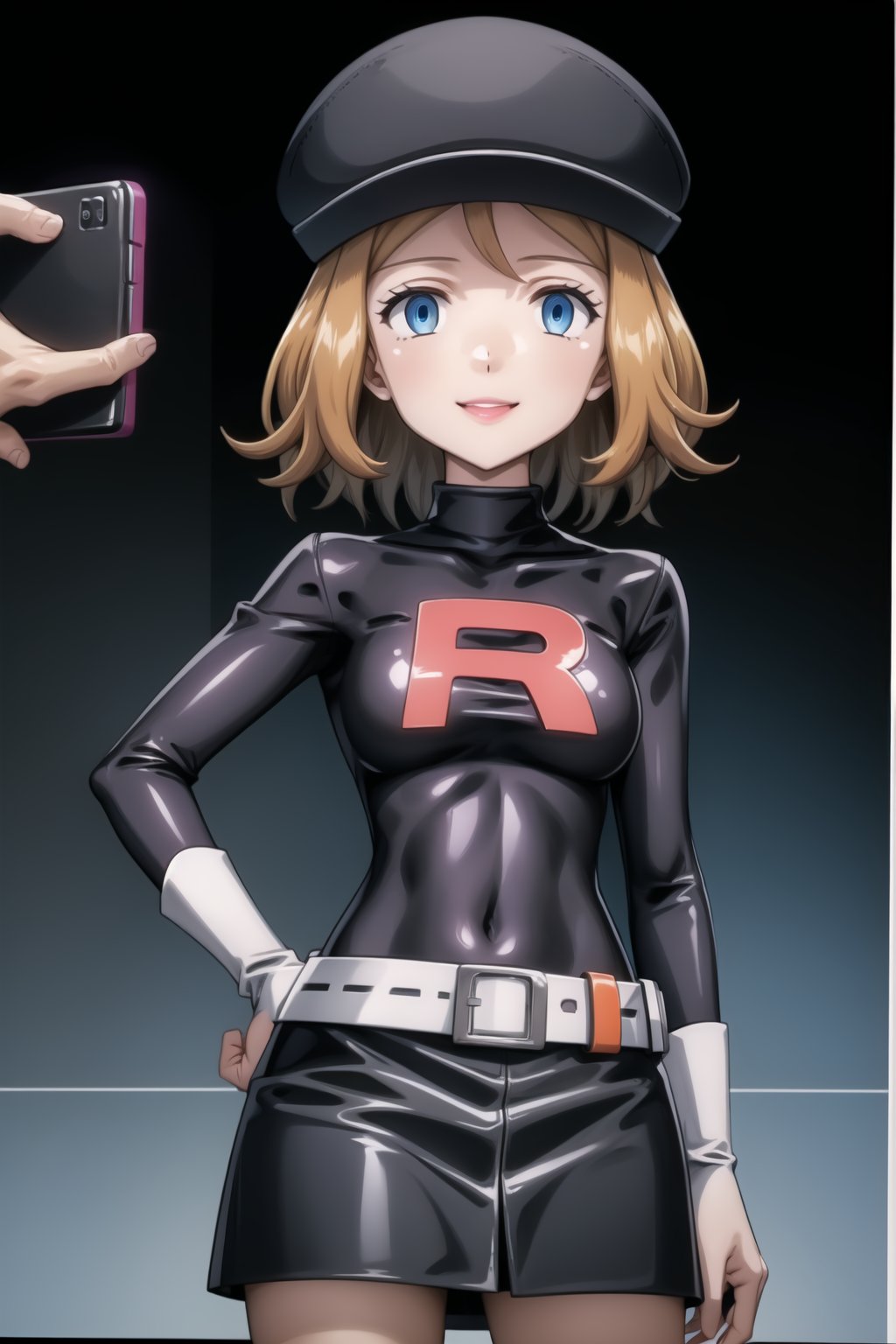 ((best quality)),  ((highly detailed)),  masterpiece,  ((official art)),  ((serena)), 1girl, solo, orange hair, blue eyes, blonde hair, short hair, bangs, (backPhone:1.3), hand on hip, black headwear, cabbie hat, hat,, lips, mind control, hypnosis,empty eyes ,Grunt Team Rocket, dress, black dress, (leotard, latex), long sleeves, gloves, elbow gloves, belt, grey belt, skirt, thighhighs, 1girl,simple background,smile,(sea background), ,empty eyes