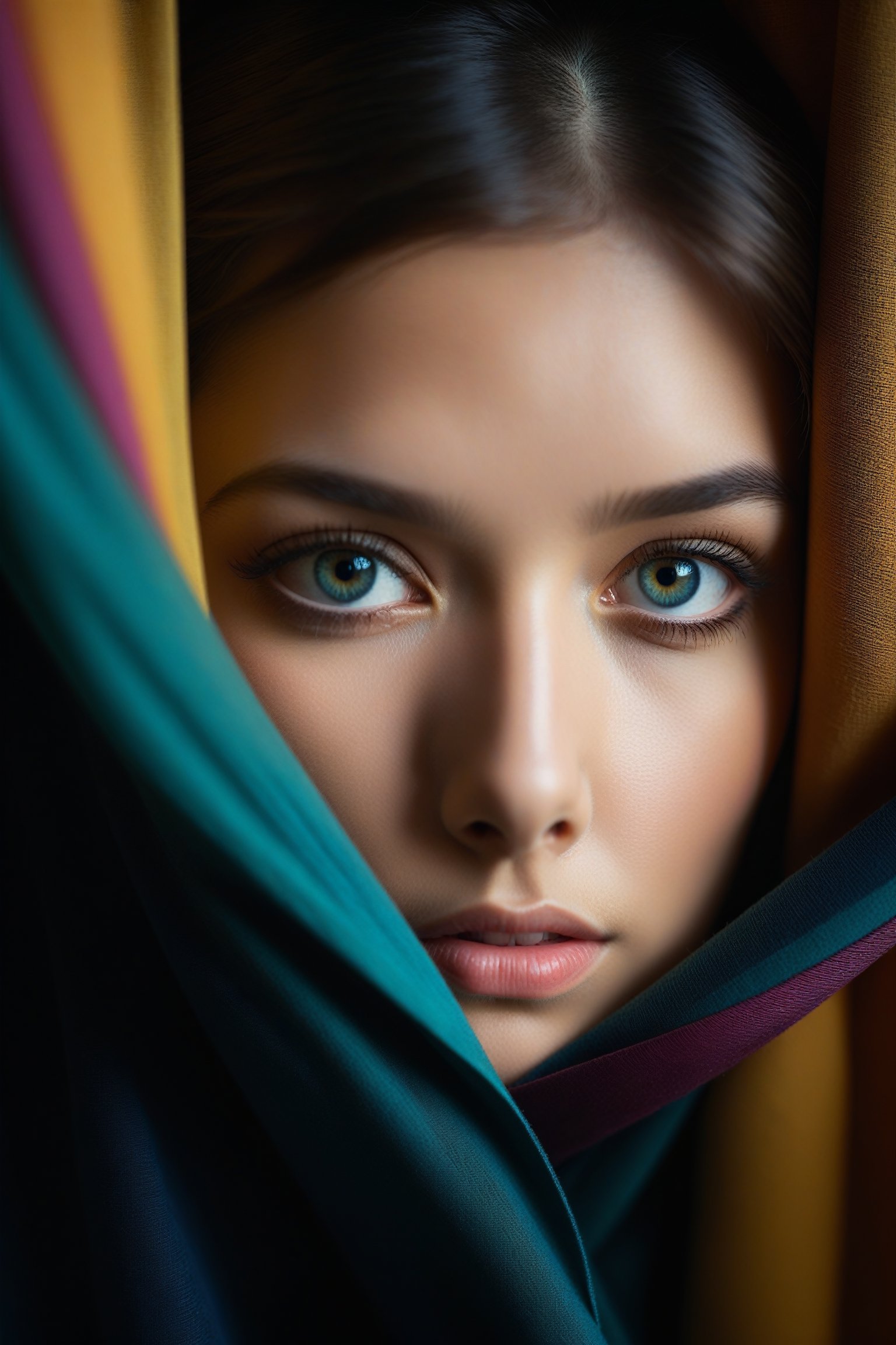 RAW photo, beautiful eyes, macro shot, masterpiece, peeking from behind curtains, colorful details, award winning, high detailed, 8k, natural lighting, analog film, detailed skin, amazing composition, intricate details, subsurface scattering, velus hairs, amazing textures, filmic, chiaroscuro, soft light